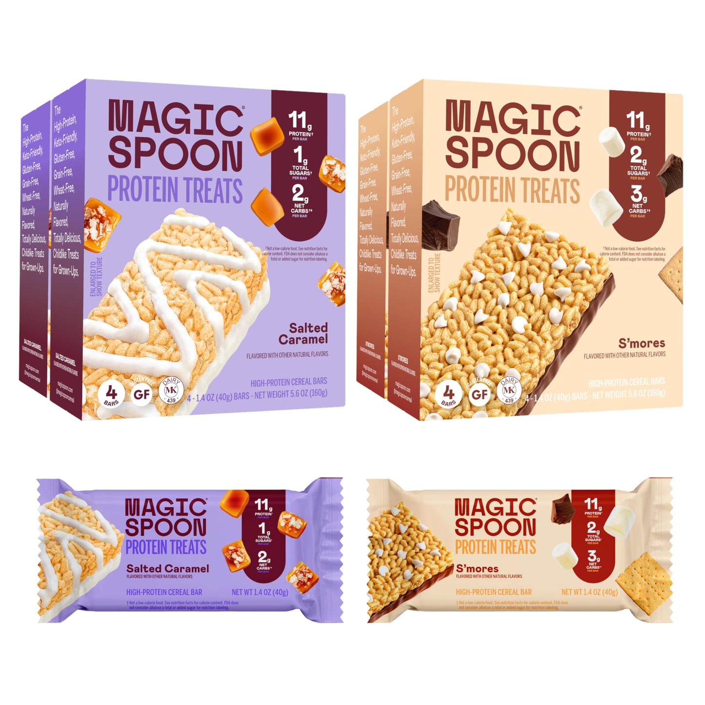 Magic Spoon High Protein Bars - Low Carb, Keto Friendly, 1g Sugar, 16 Bars (8 Salted Caramel, 8 Smores), Snack Pack