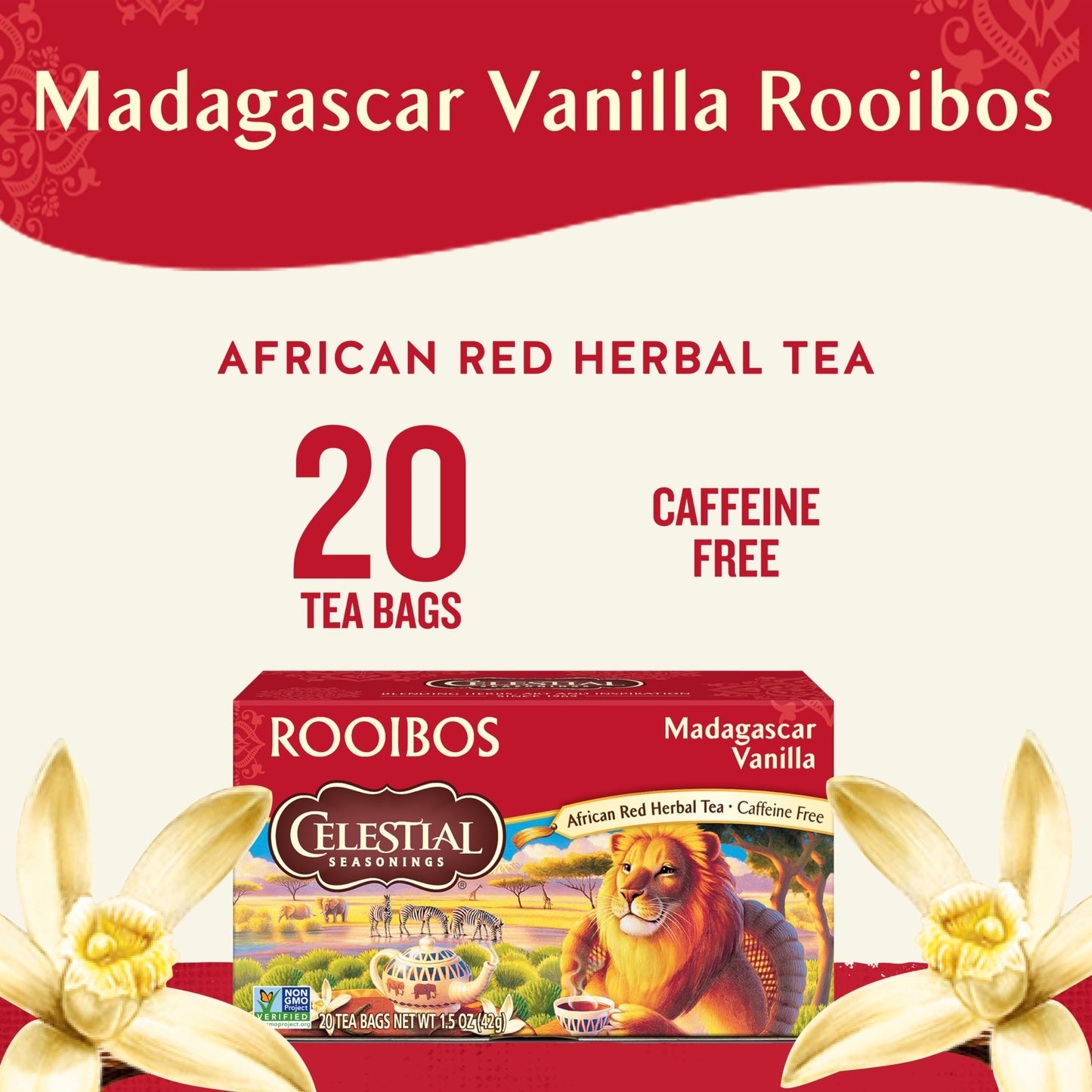 Celestial Seasonings Rooibos Madagascar Vanilla Herbal Tea, Caffeine Free, 20 Count, Pack of 6
