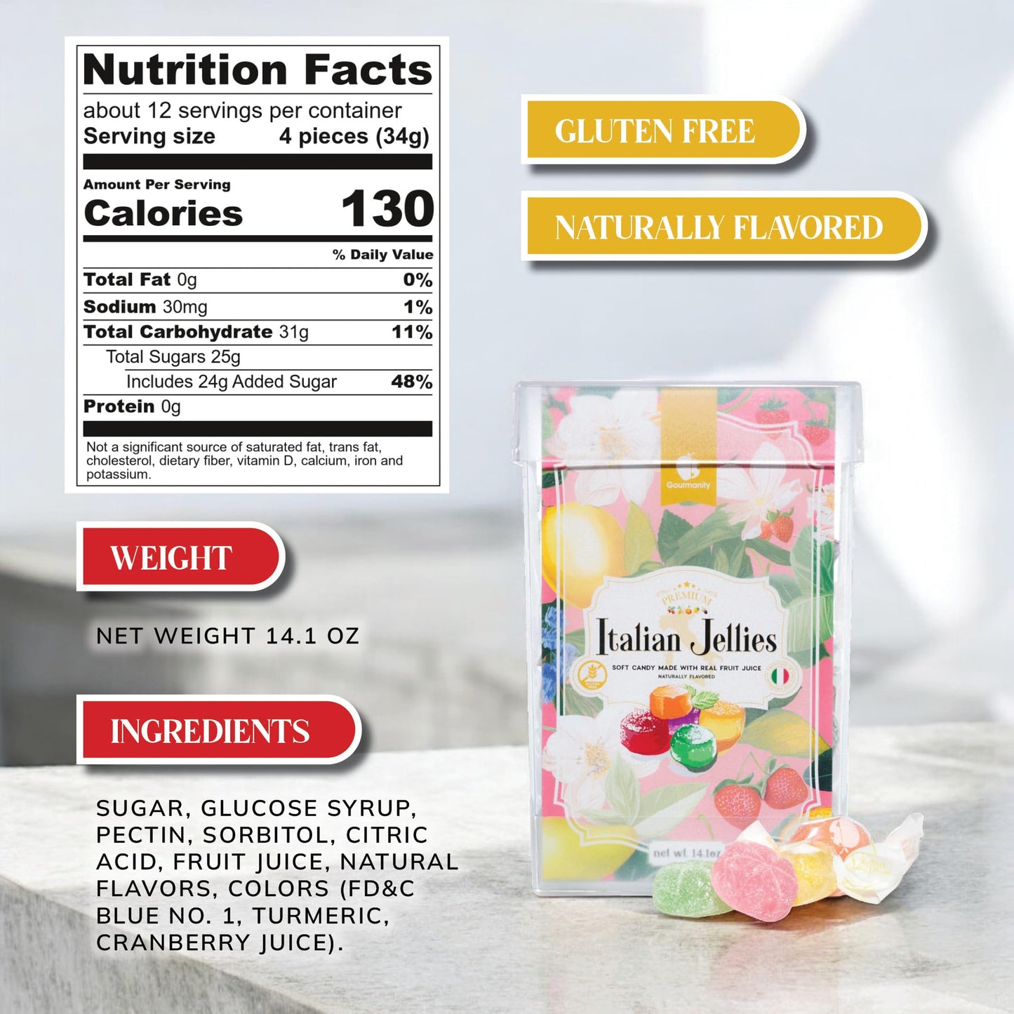 Gourmanity Italian Jelly Fruit Candy, Made With 18% Real Fruit Juice & Pulp, Individually Wrapped Gourmet Candy, 14.1Oz Box