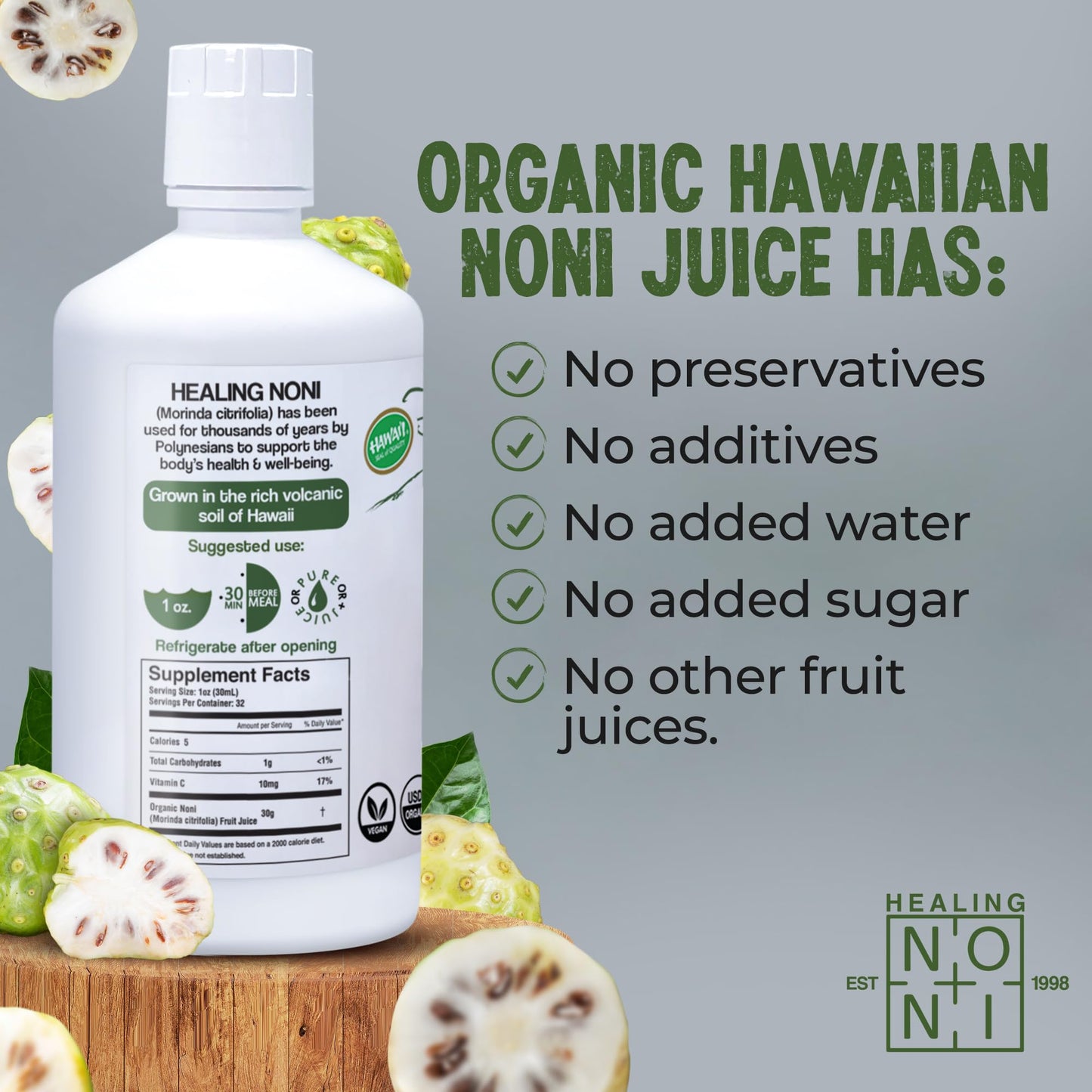 Healing Noni - 2-Pack Plastic Bottle 32oz - 100% Pure Hawaiian Organic Noni Juice - All-Natural - Farm Direct