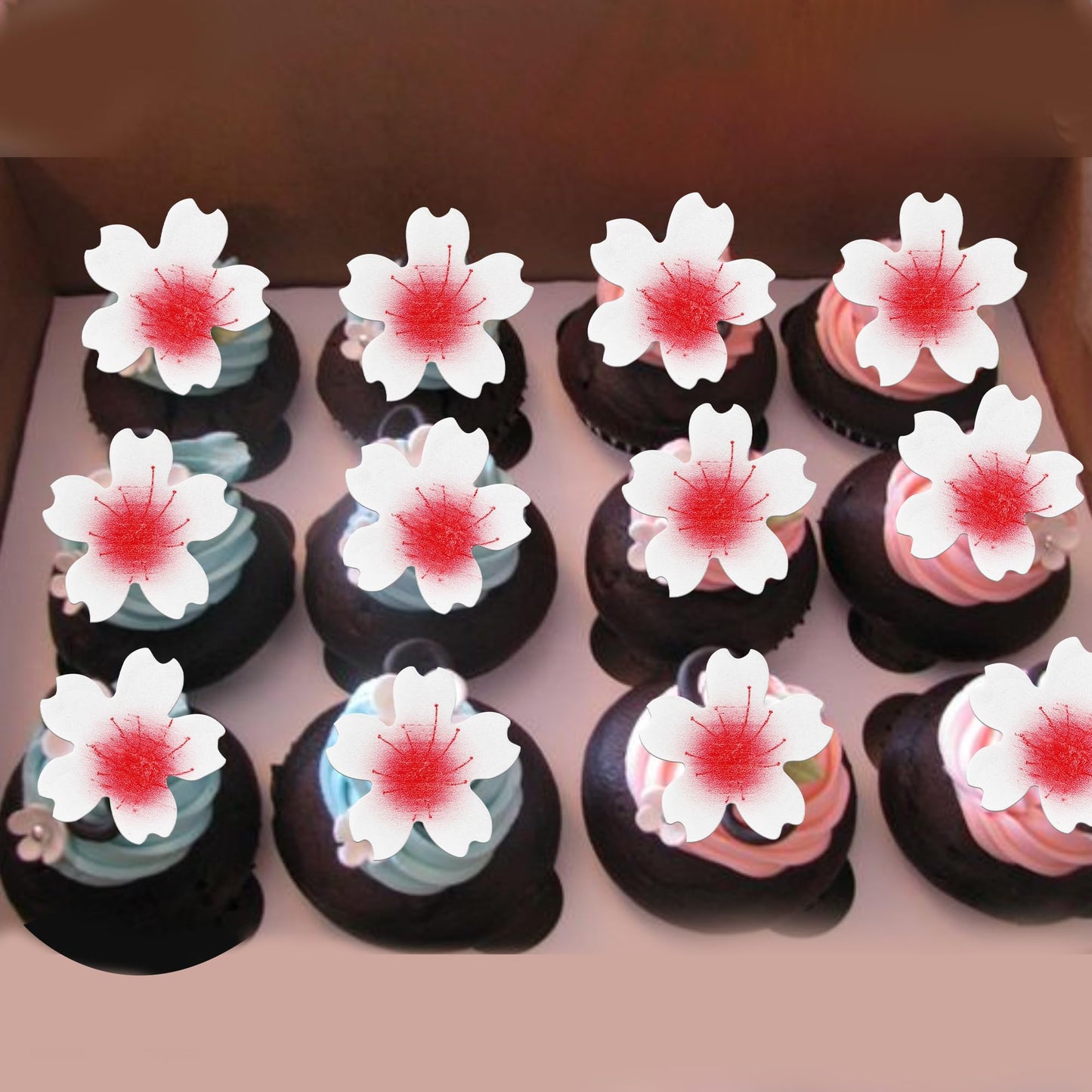 Rssta i 100 Pack Edible Cherry Blossom Cake Decorations, Wafer Paper Cupcake Toppers, Design 11