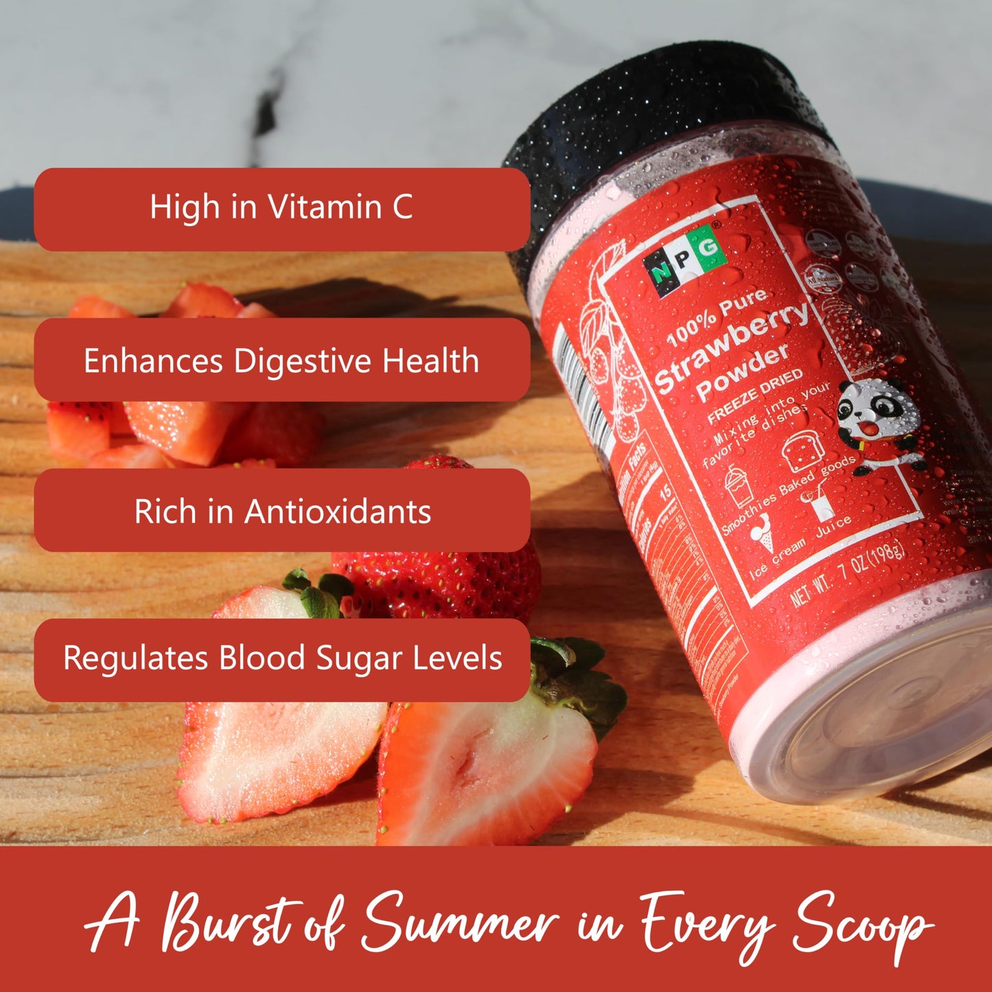 NPG Freeze Dried Strawberry Powder 7 Oz, Pure Strawberries Fruit Powder for Food Flavoring & Coloring, Smoothie, Beverage, Cake,