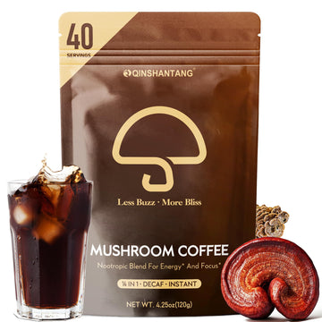 QIN SHAN TANG Decaf Mushroom Instant Coffee, 14 Mushrooms, 4.25 Oz, Energy Focus Immunity, 40 Servings