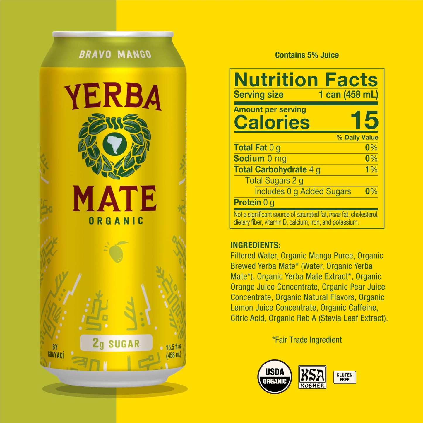 Guayaki Yerba Mate Energy Drink, Bravo Mango, Low Sugar, 150mg Caffeine, 15.5 Fl Oz, Pack of 12