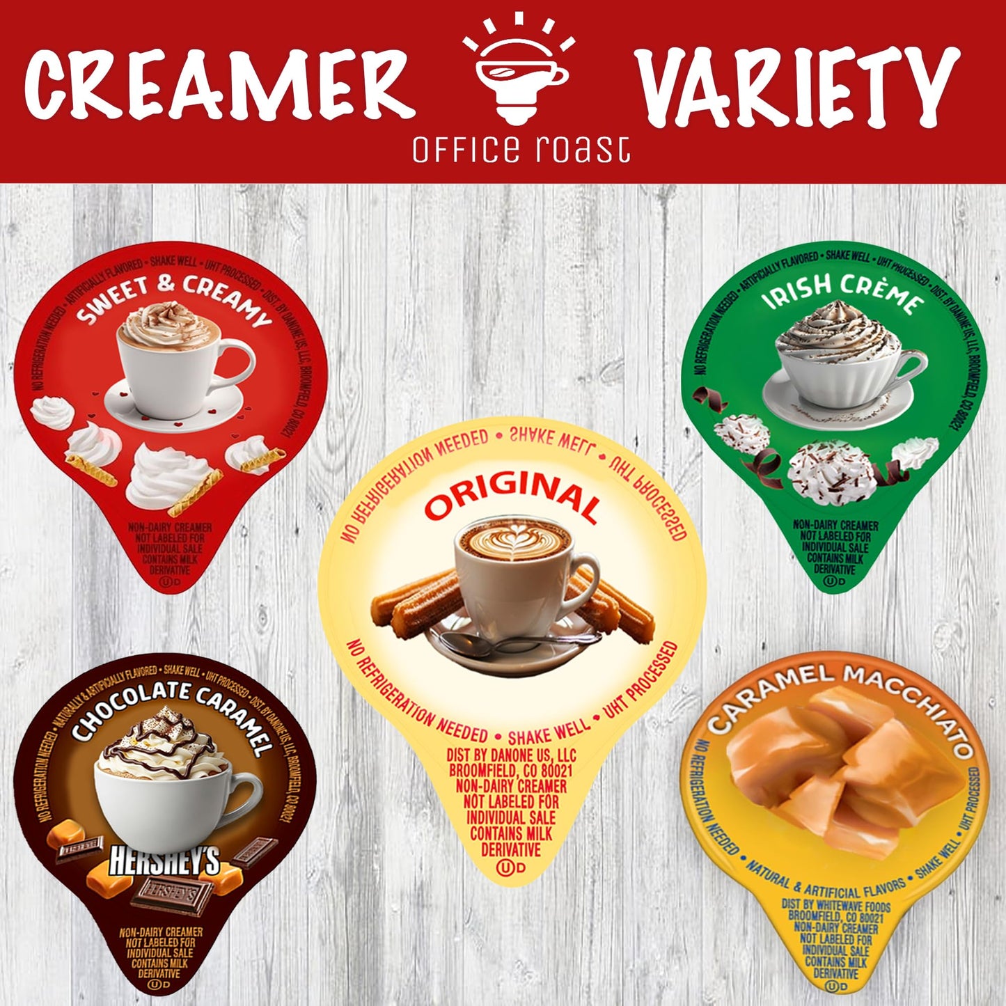 Variety Pack Creamers Liquid Creamer Singles | Gift Assortment Box | Coffee Cream | Sweet and Creamy  Chocolate Caramel  Caramel Macchiato  Original & Irish Cream - No Refrigeration - Box Of 100