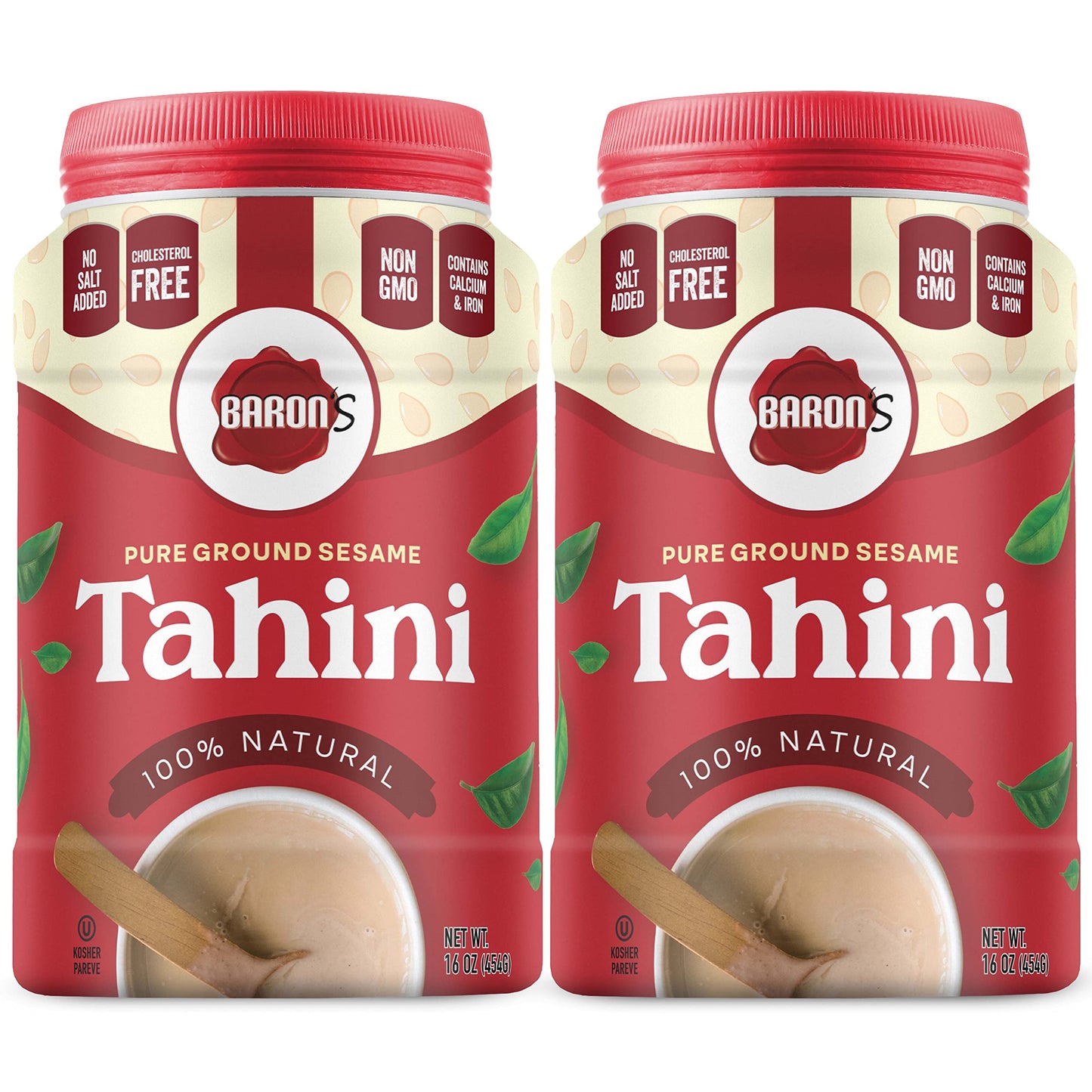 Baron'S Pure Tahini Sesame Paste | Rich Creamy Spread For Hummus, Dips, Sauces | 2 X 16 Oz Jars | Kosher, Vegan, Keto Friendly,