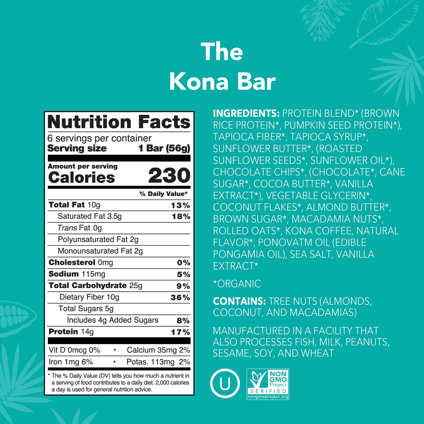 ALOHA Organic Plant Based Protein Bars - Vegan, Low Sugar, Gluten Free, 6 Count, 1.98oz, Brown