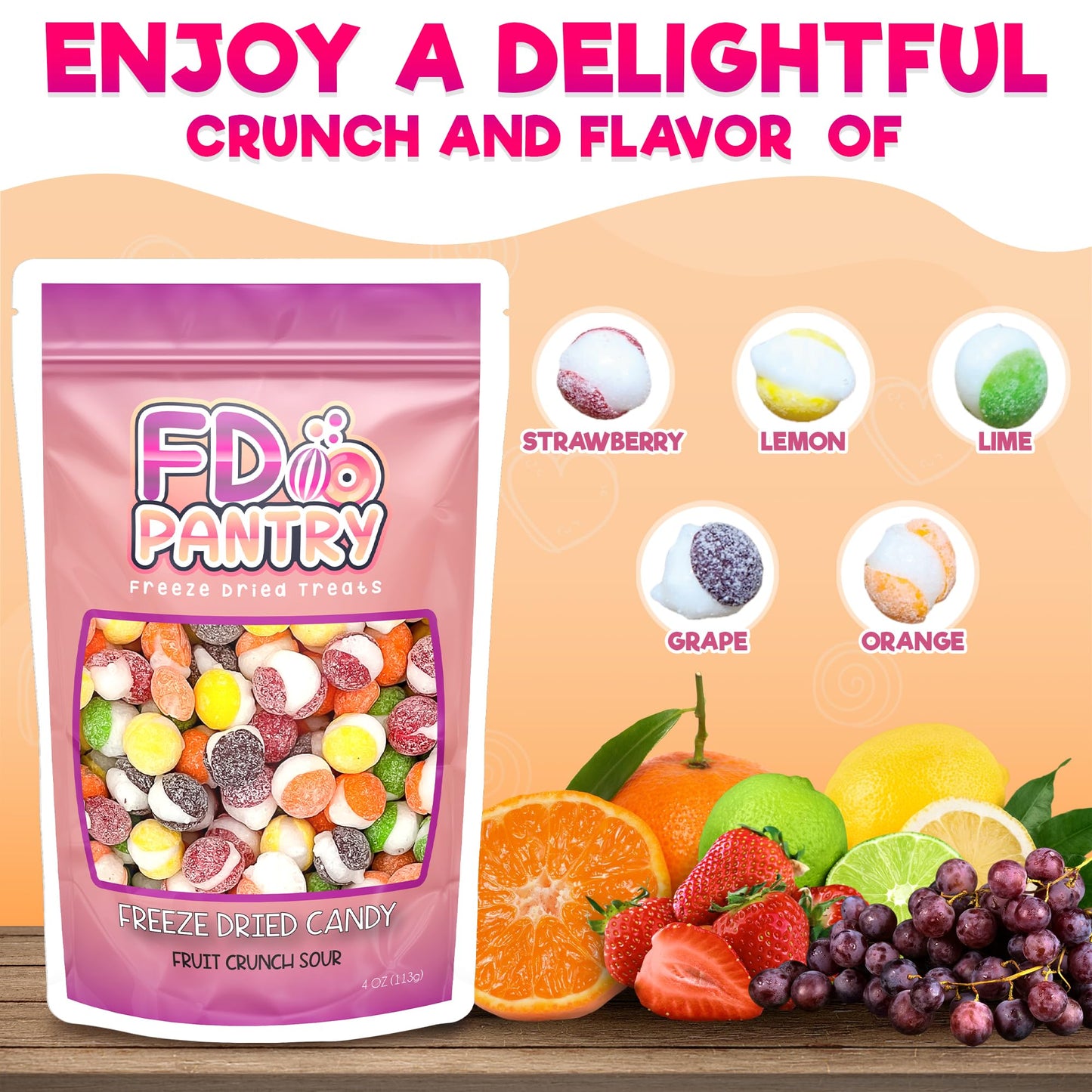 Freeze Dried Candy - Fruit Crunch Sour 4 Oz - 2 Pack - Assortment Strawberry, Orange, Lemon, Grape, Lime Flavors Bag Pouch - Ide