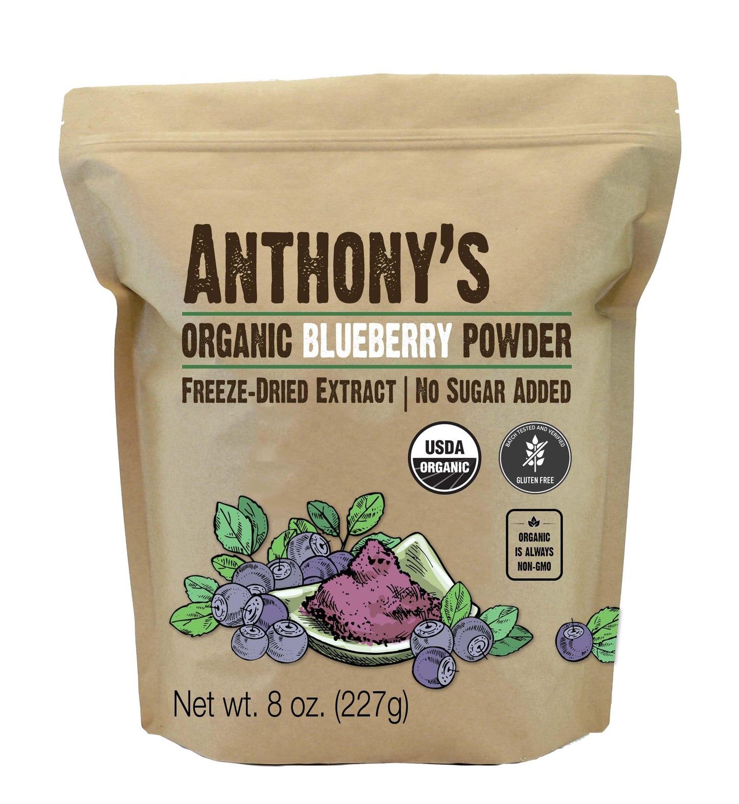 Anthony's Organic Blueberry Powder, 8 oz, Freeze-Dried, Gluten Free, Non GMO