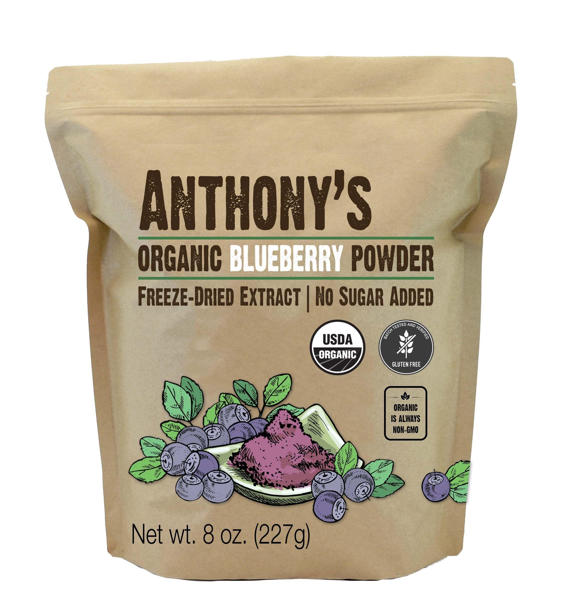 Anthony's Organic Blueberry Powder, 8 oz, Freeze-Dried, Gluten Free, Non GMO