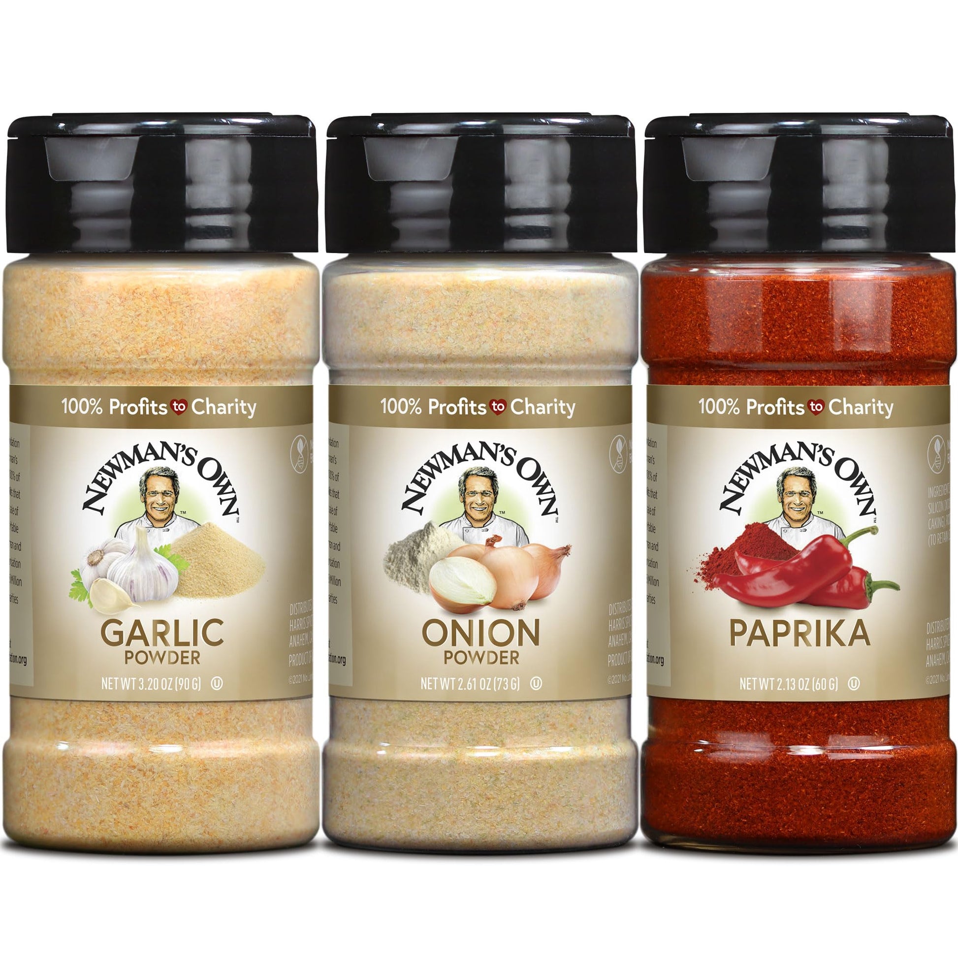 Newman's Own 3 Spice Combo; Garlic Powder, Onion Powder, Paprika, Non-GMO, Kosher certified