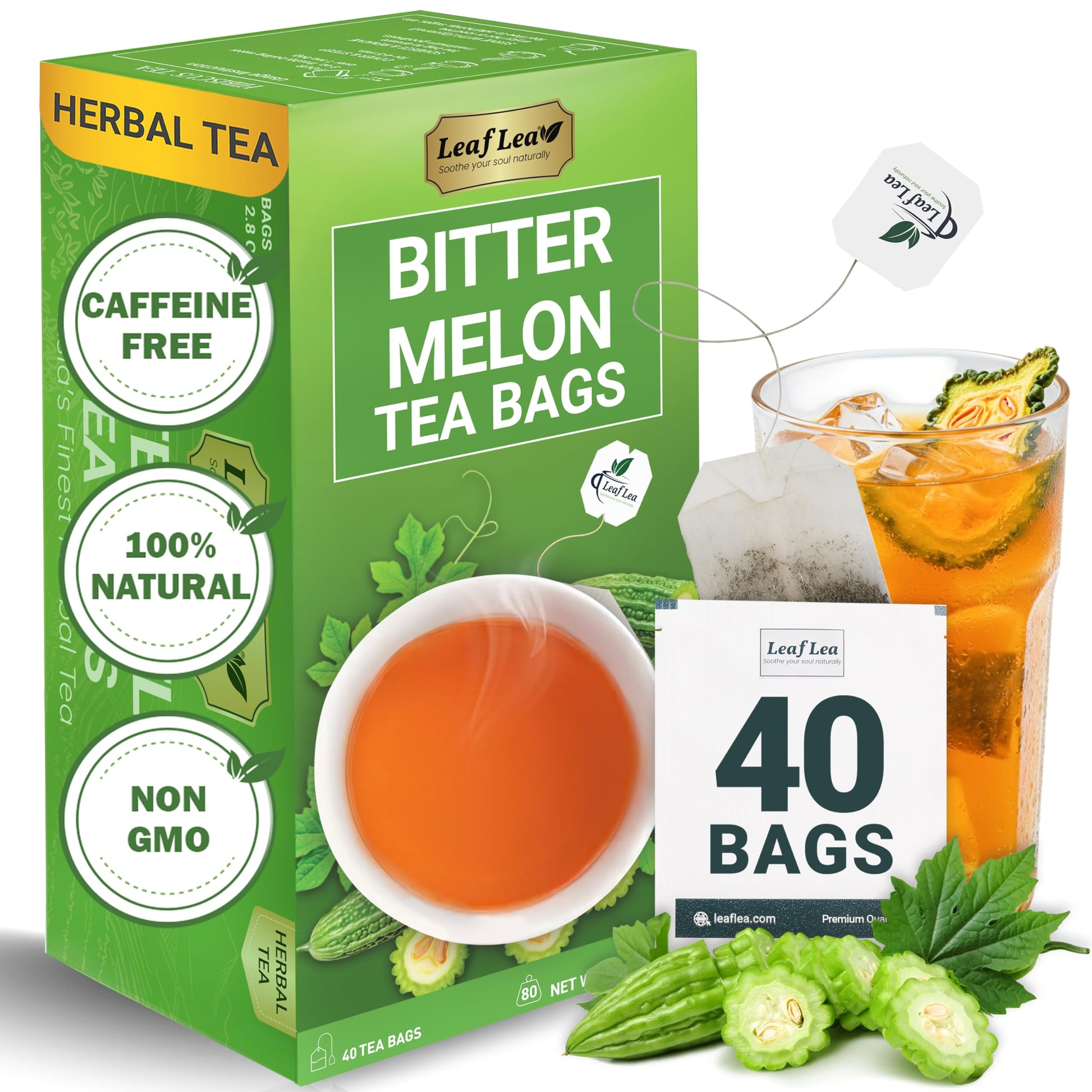 LeafLea Bitter Melon Tea Bags - 40 Cundeamor Herbal Tea, Caffeine-Free, Non-GMO, Sugar-Free, Vegan