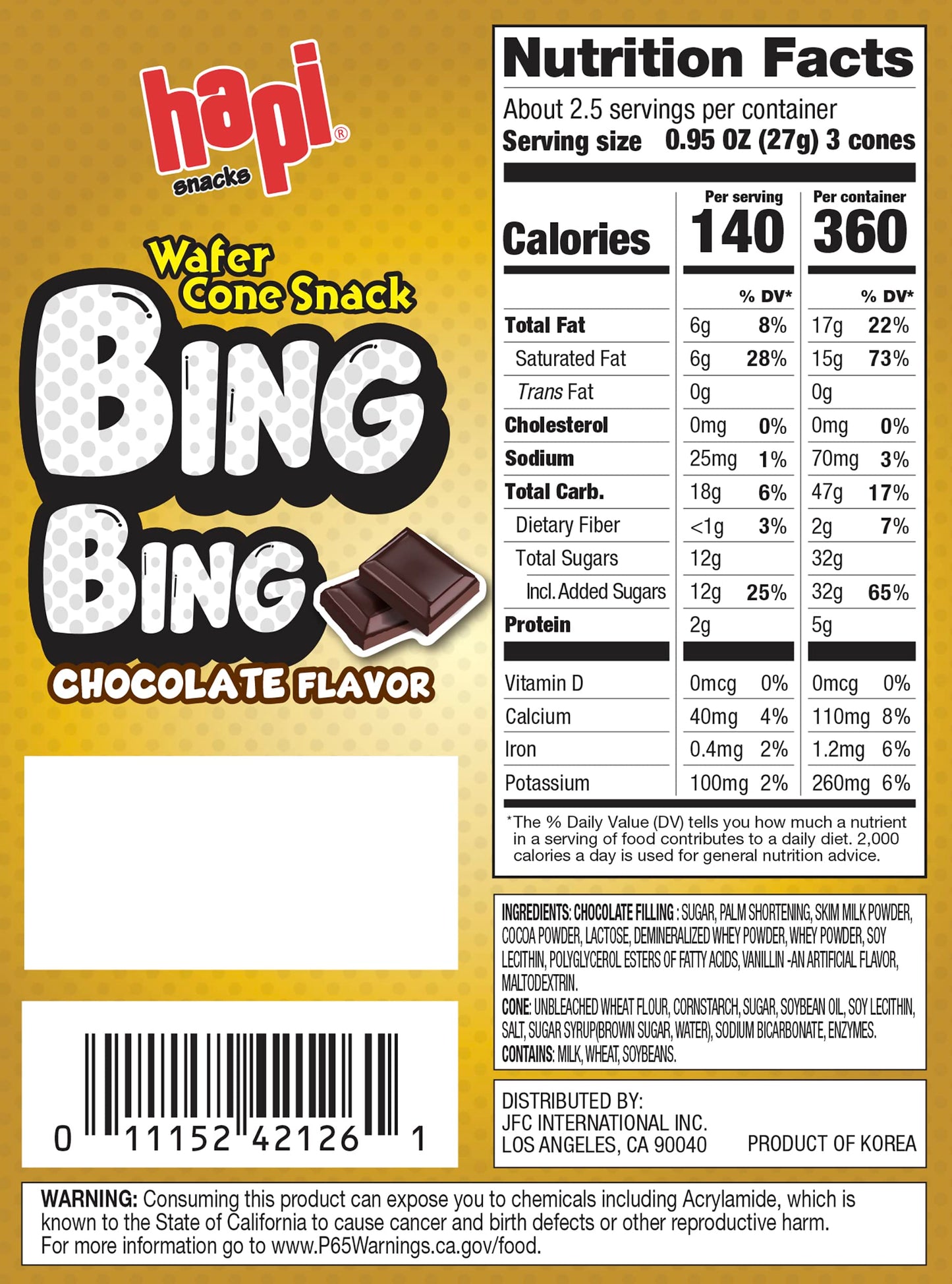 Hapi Bing Bing Crispy Cone Snack, Chocolate Flavor, 2.5 Oz