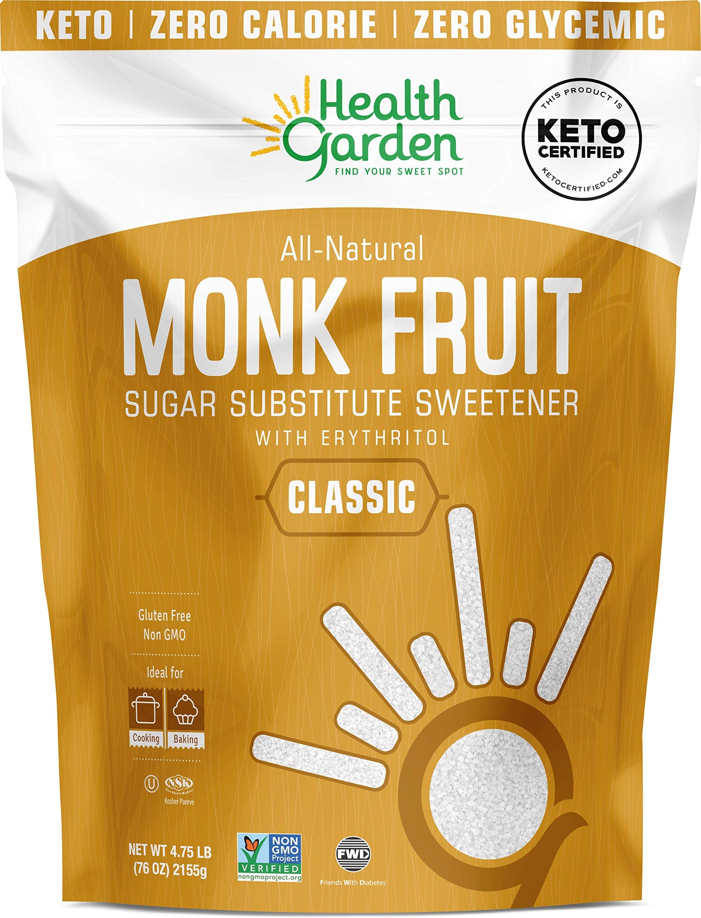 Health Garden Monk Fruit Sweetener, Classic - Non GMO - Gluten Free - Sugar Substitute - Kosher - Keto Friendly (4.75 Pounds (1