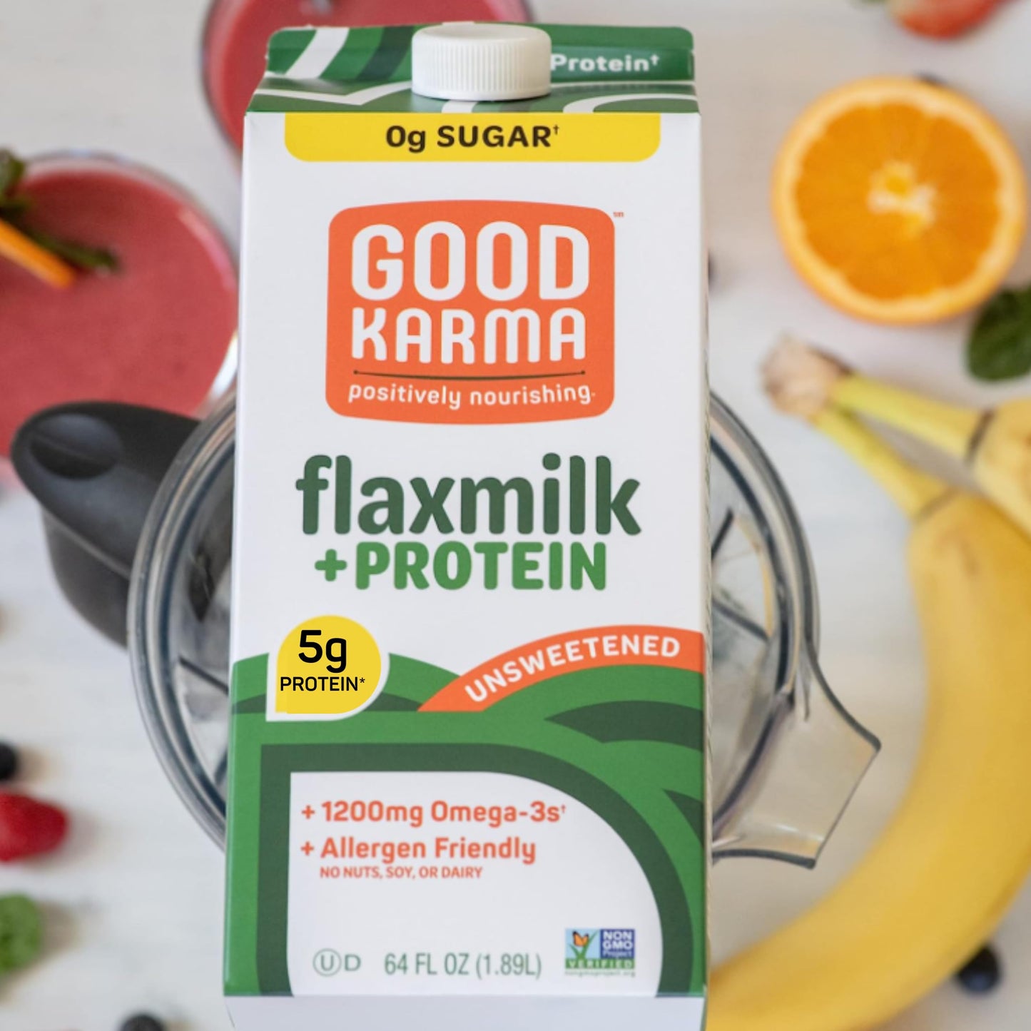 Good Karma Unsweetened Flaxmilk +Protein, 64 Ounce, 5g Plant Protein + 1200mg Omega-3 Per Serving, Plant-Based Non-Dairy Milk Al