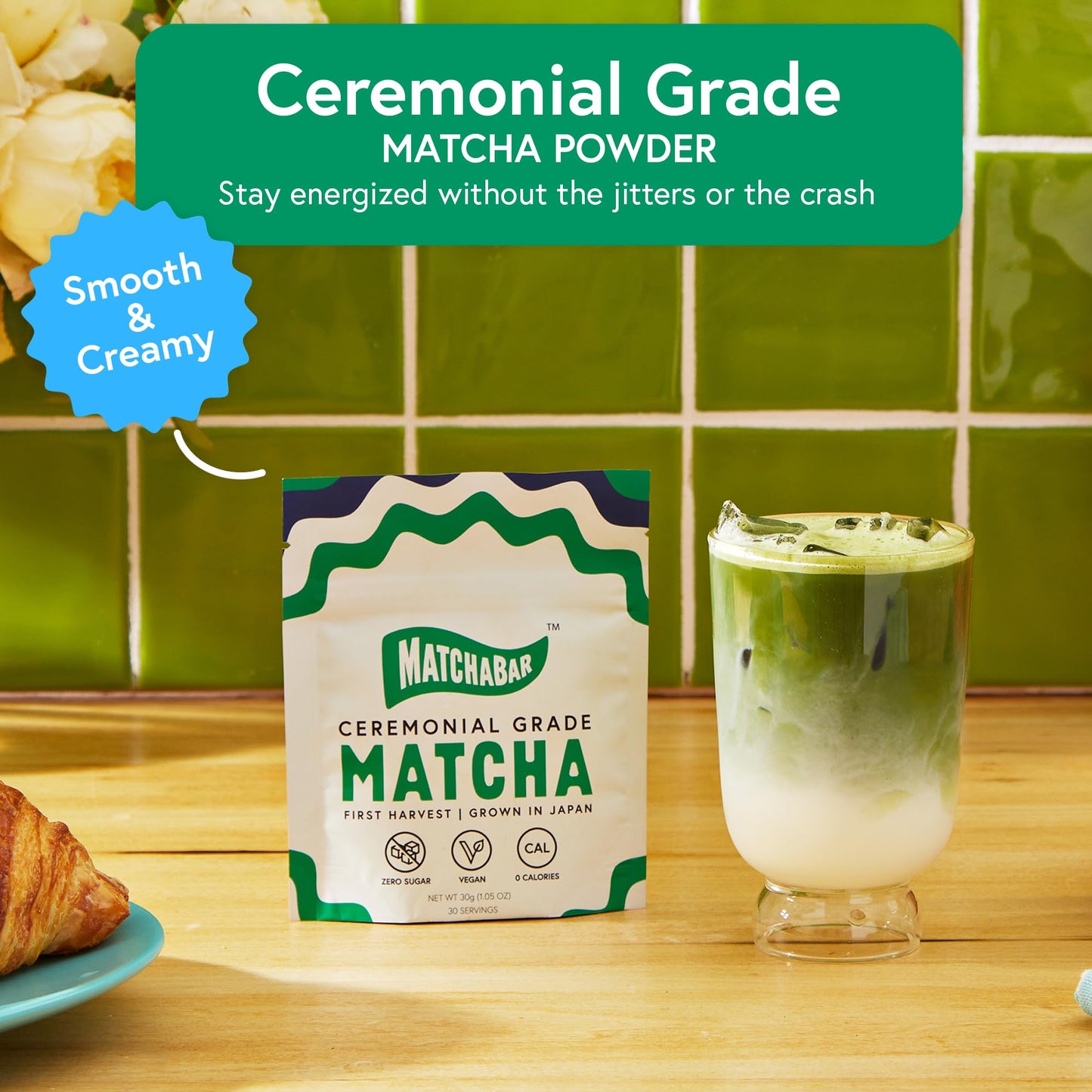 MATCHABAR Matcha Powder - Ceremonial Grade Japanese Green Tea - 30g - Vegan & Zero Calories - Ideal for Lattes