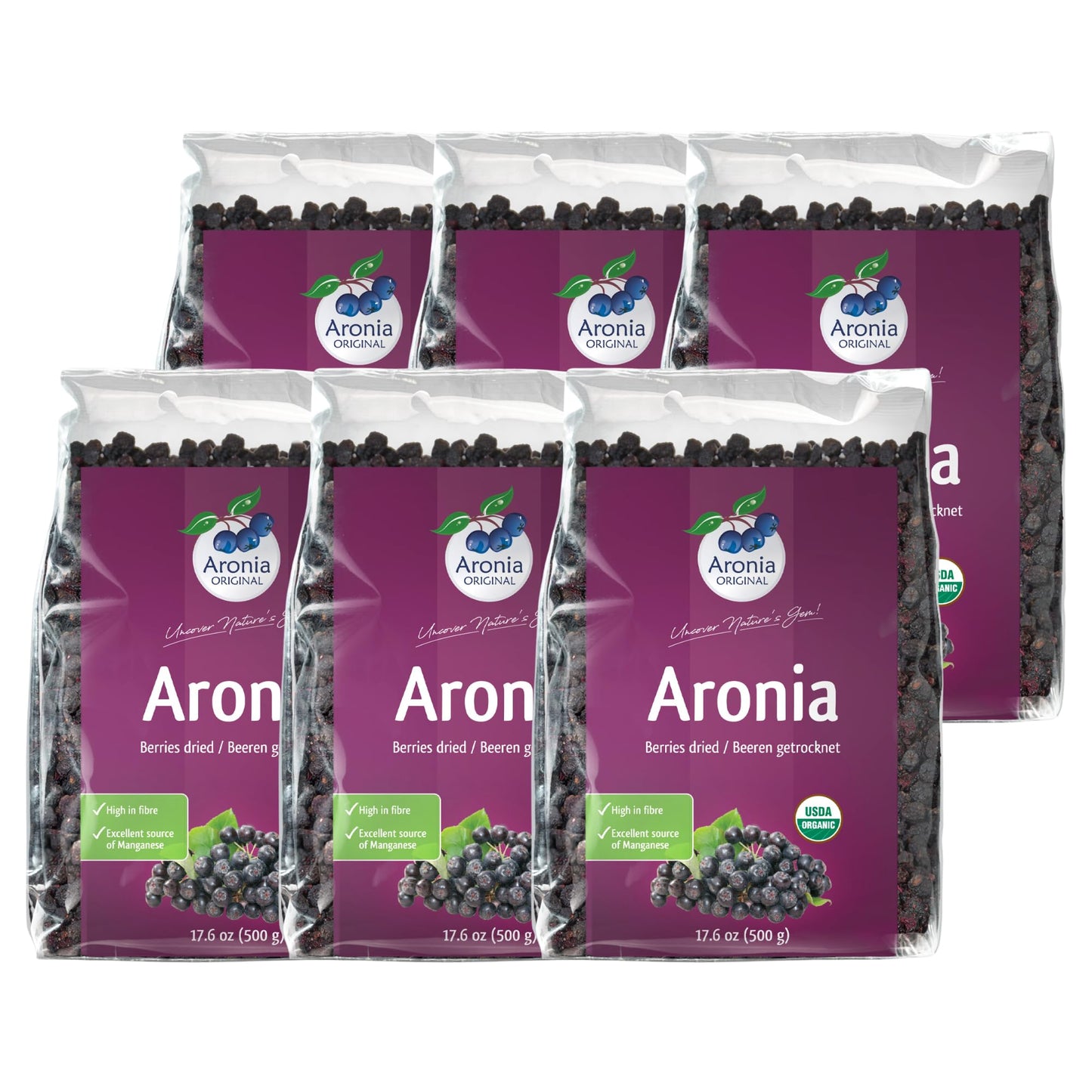 Aronia Original Organic Dried Aronia Berries, 17.6 oz (6-Pack), No Added Sugar, Vegan, Non-GMO, Gently Dried