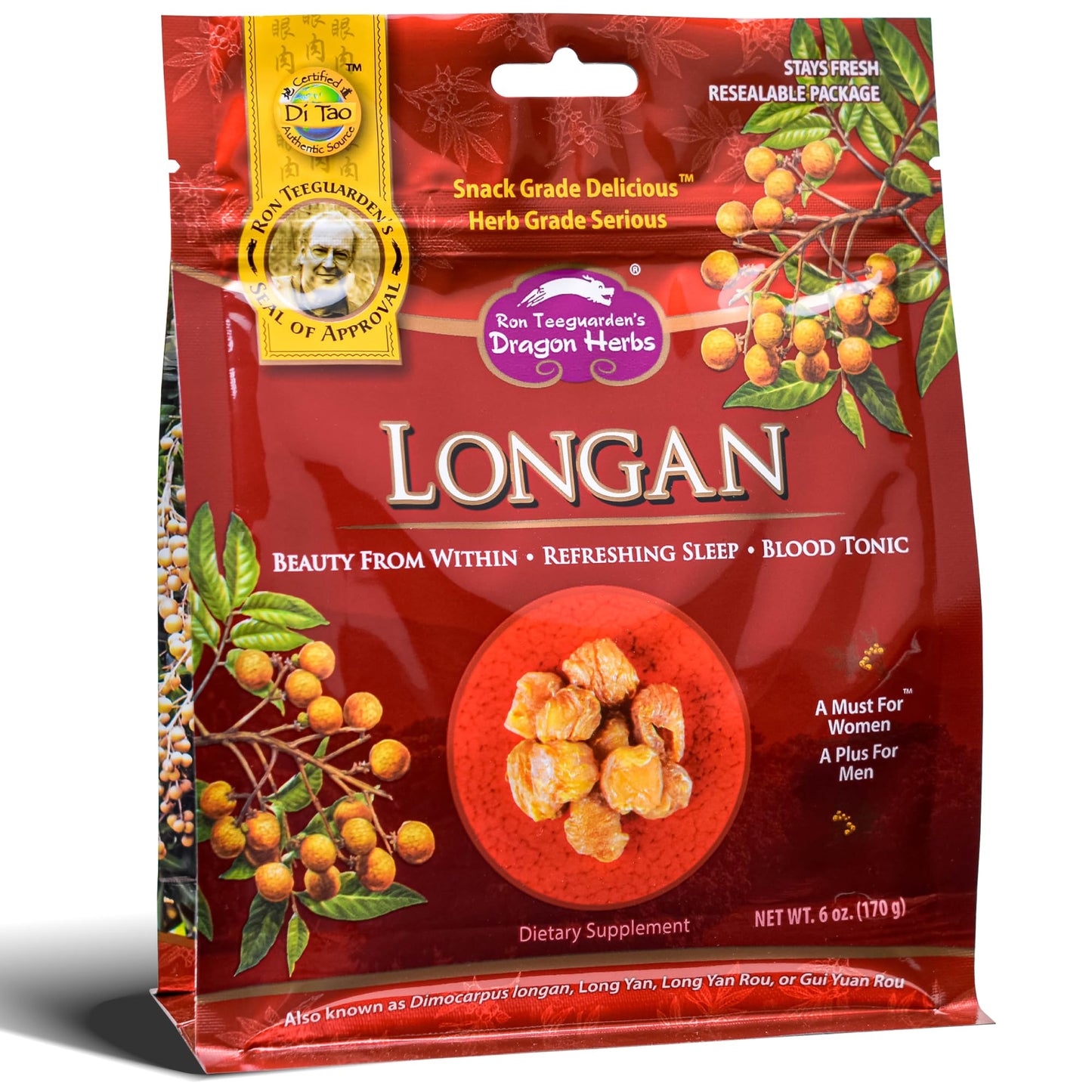 Dragon Herbs Longan 6 oz bag | dried fruit nutrition product to support skin, beauty, sleep, mood, stress, memory, heart and blood