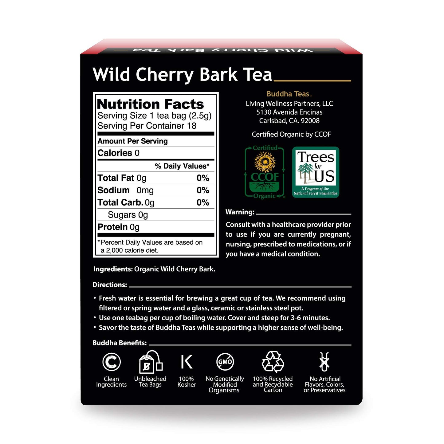 Buddha Teas Organic Wild Cherry Bark Tea - OU Kosher, USDA Organic, CCOF, 18 Bleach-Free Tea Bags