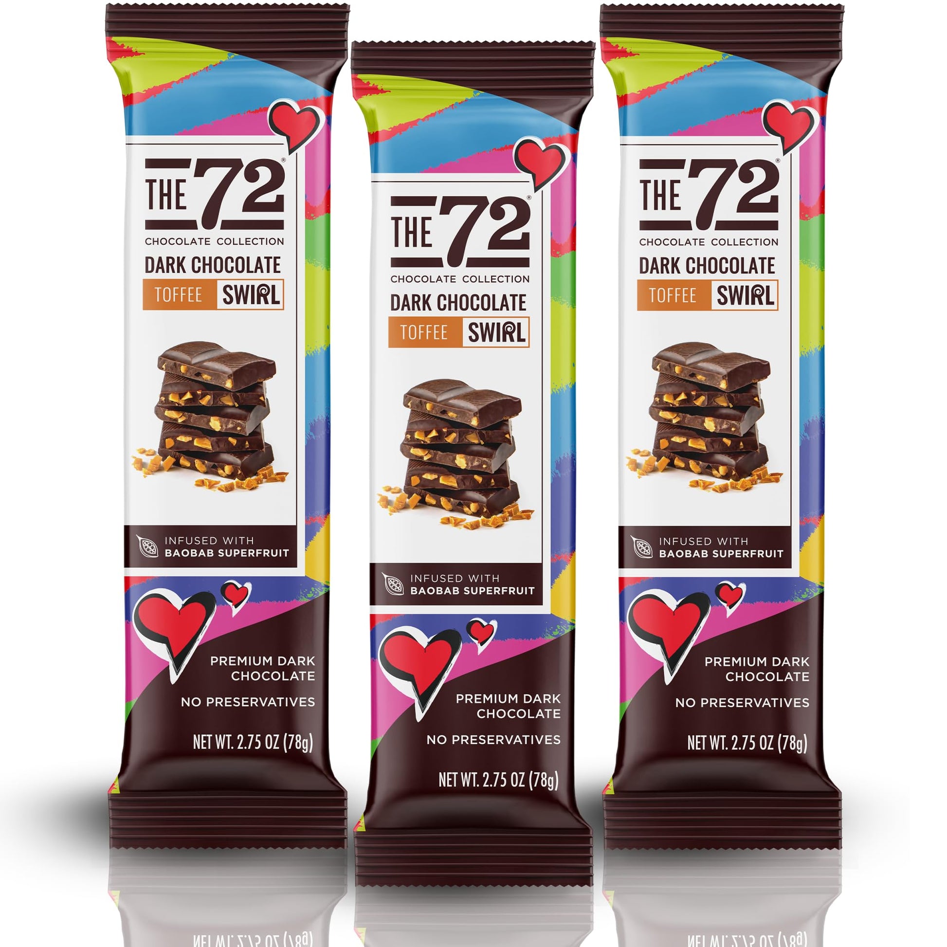 The 72 Chocolate Collection Swirl 72% Dark Chocolate Toffee Bars | 2.75 Oz Bars (Pack Of 3) | Top-Grade Baobab Infused Treat | Gluten Free Non Gmo Keto Friendly Snack