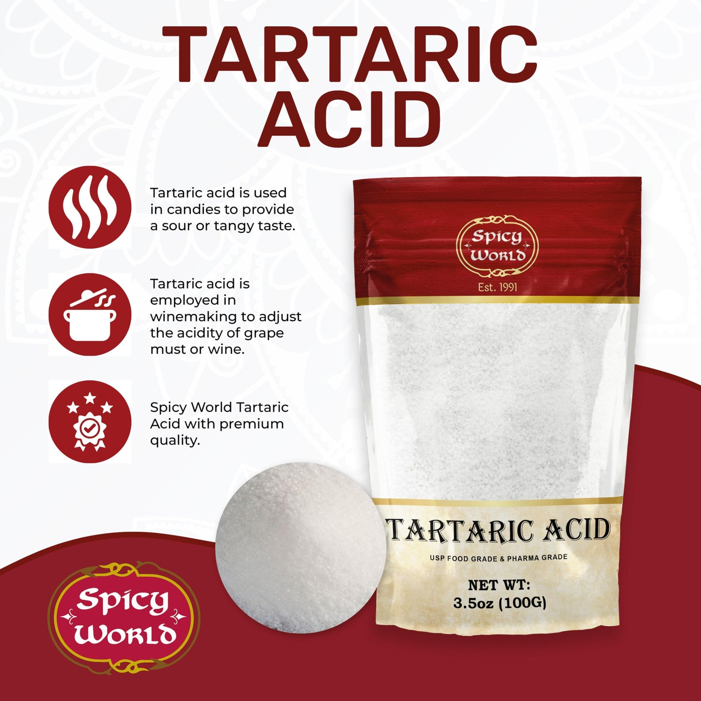 Spicy World Tartaric Acid Pure - Food Grade, USP Certified, Vegan, 3.5oz