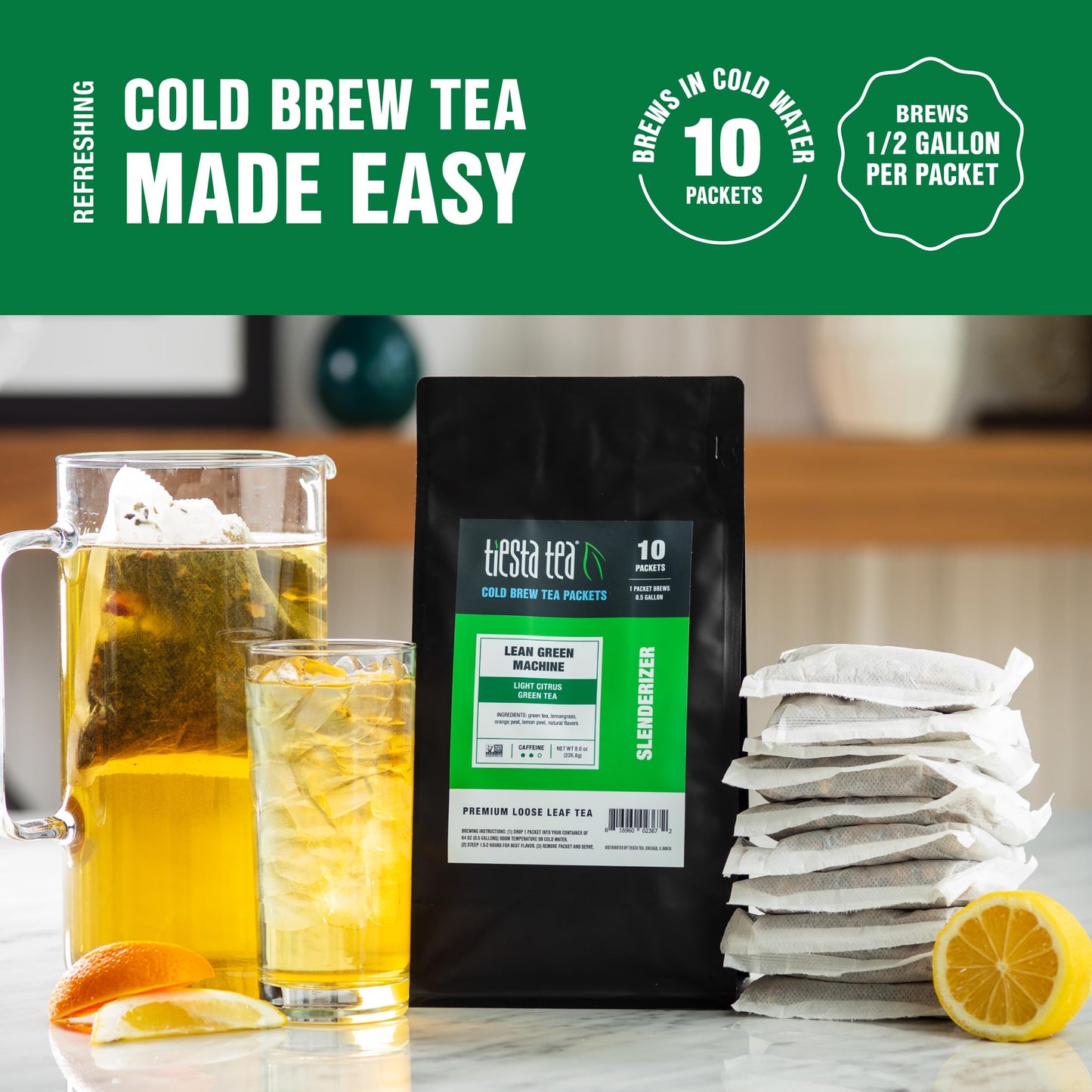 Tiesta Tea - Lean Green Machine Cold Brew, Loose Leaf, Light Citrus Green Tea, Medium Caffeinated Blend, Cold Brew Packets, Make
