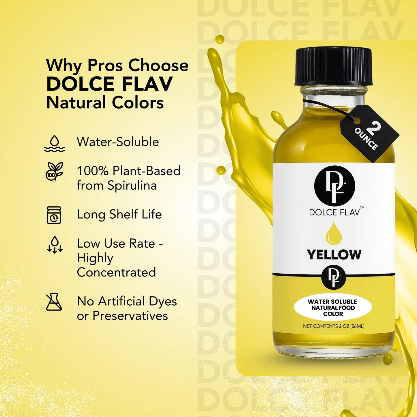 Dolce Flav Natural Yellow Food Coloring, 2 oz Water-Soluble Liquid, Plant-Based, Kosher, No Artificial Dyes