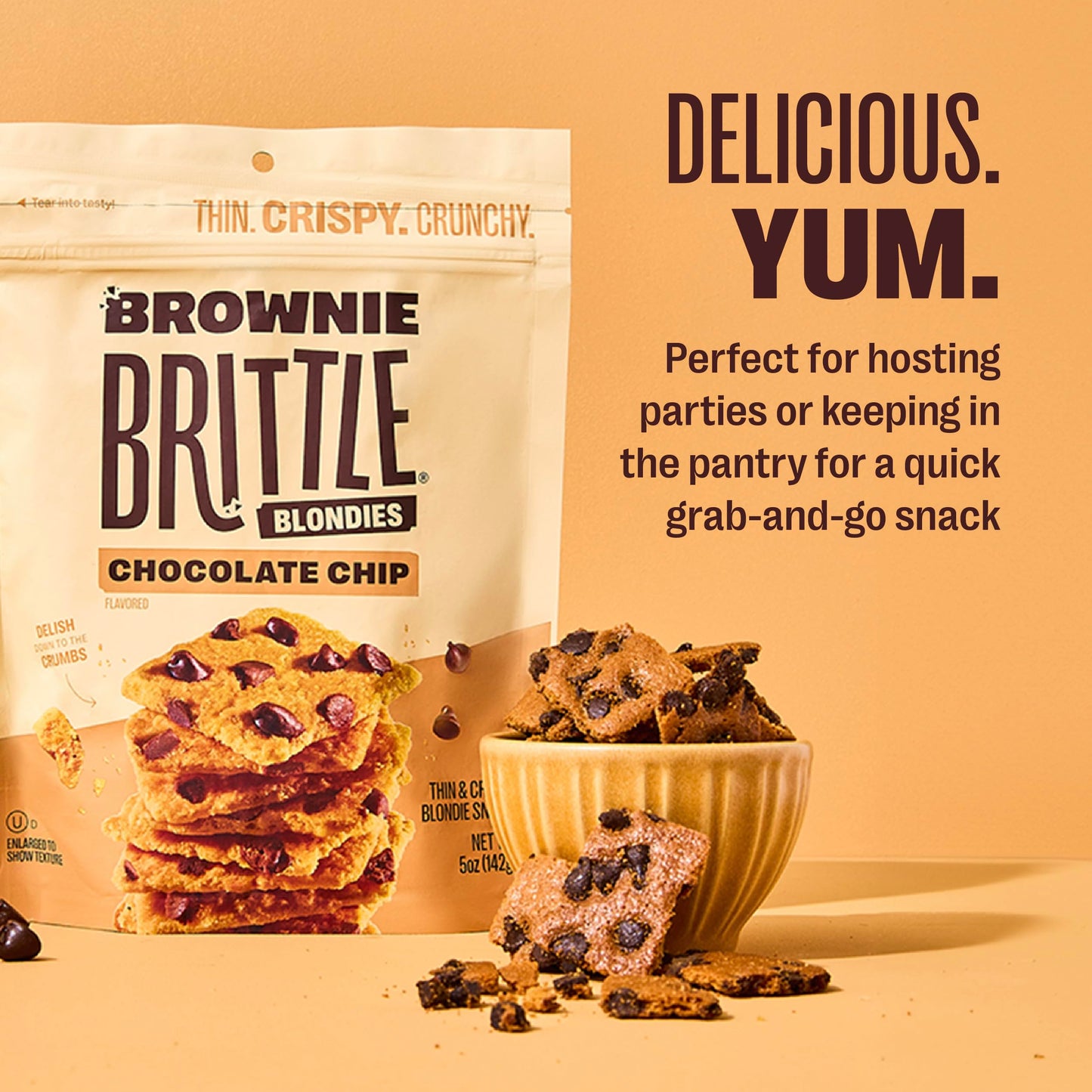 Brownie Brittle - Chocolate Chip Blondie Thin And Crispy Sweet Snacks (Pack Of 6, 5 Oz), Rich Gourmet Brownie Bites Dessert