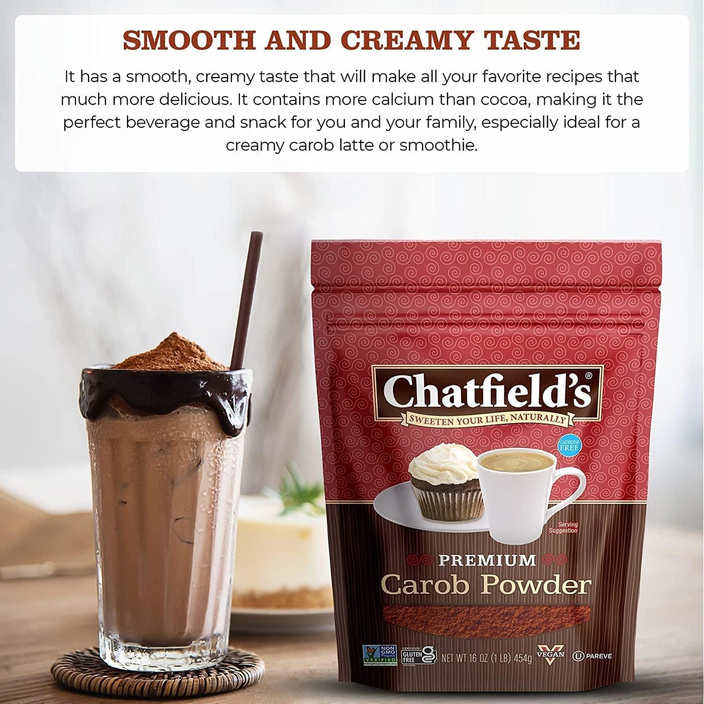 Chatfields enhanced Carob Powder  Caffeine-Free  Vegan Friendly  Kosher  Gluten Free & Non-GMO  16 Ounce (Pack of 6)