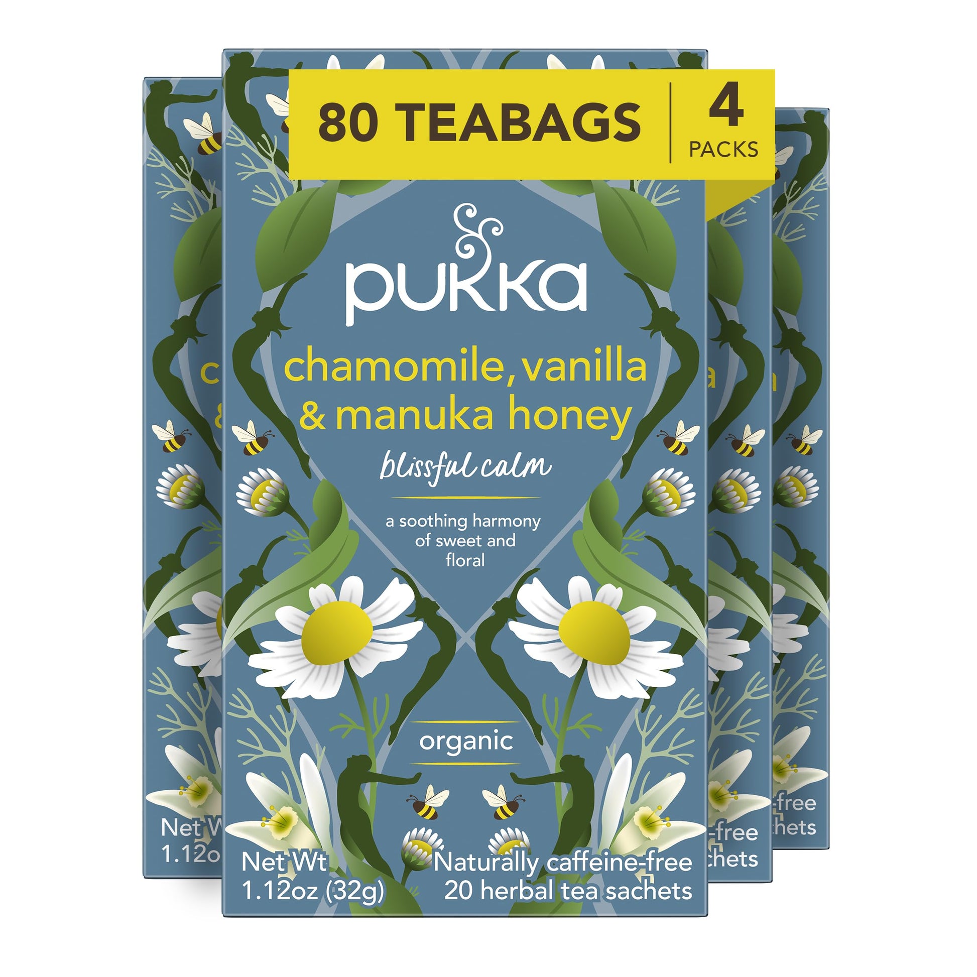 Pukka Calming Chamomile  Vanilla & Manuka Honey Organic Herbal Tea  Soothing Organic Tea Infusion S  Honey & Fennel Blend  Caffeine Free  80 Total Bags (20ct - Pack of 4)