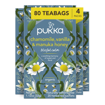 Pukka Calming Chamomile  Vanilla & Manuka Honey Organic Herbal Tea  Soothing Organic Tea Infusion S  Honey & Fennel Blend  Caffeine Free  80 Total Bags (20ct - Pack of 4)