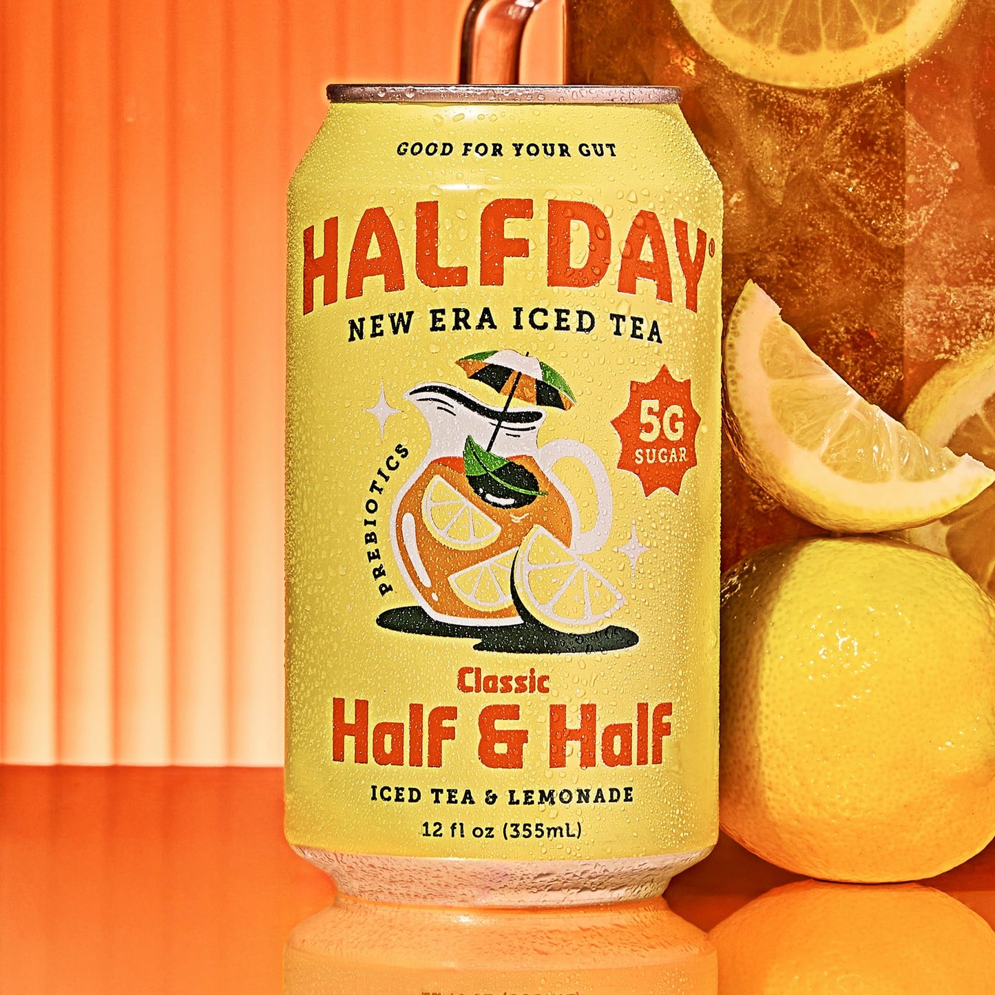 Halfday Iced Tea Cans, Prebiotic Half & Half, Low Sugar, 12 fl oz, 12 Pack, Gluten Free, 40 Calories, Natural Caffeine