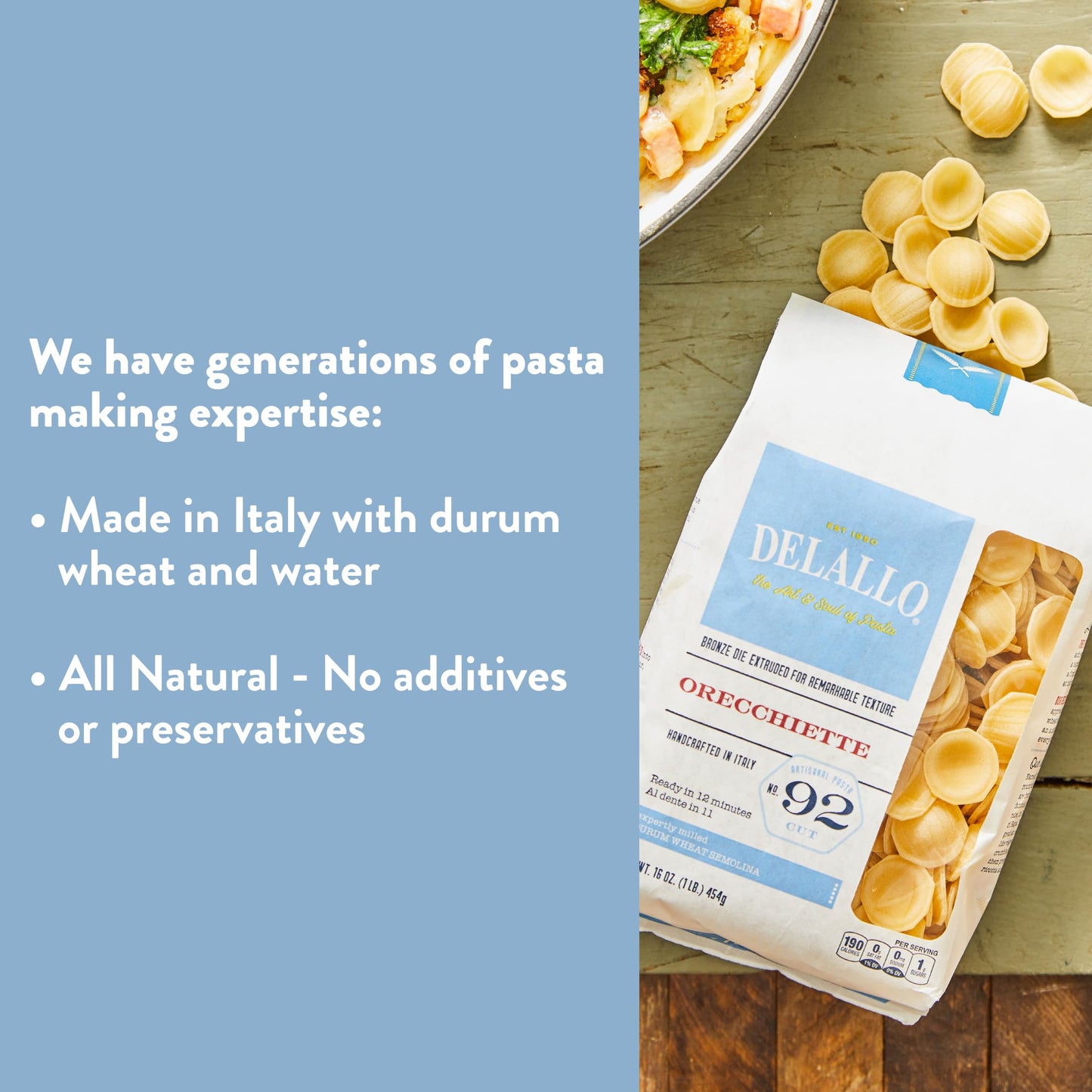 Delallo Orecchiette Pasta, Made In Italy, Bronze Cut, Kosher, Made With Only 100% Durum Wheat Semolina Flour, Non-Gmo, Vegan, 1