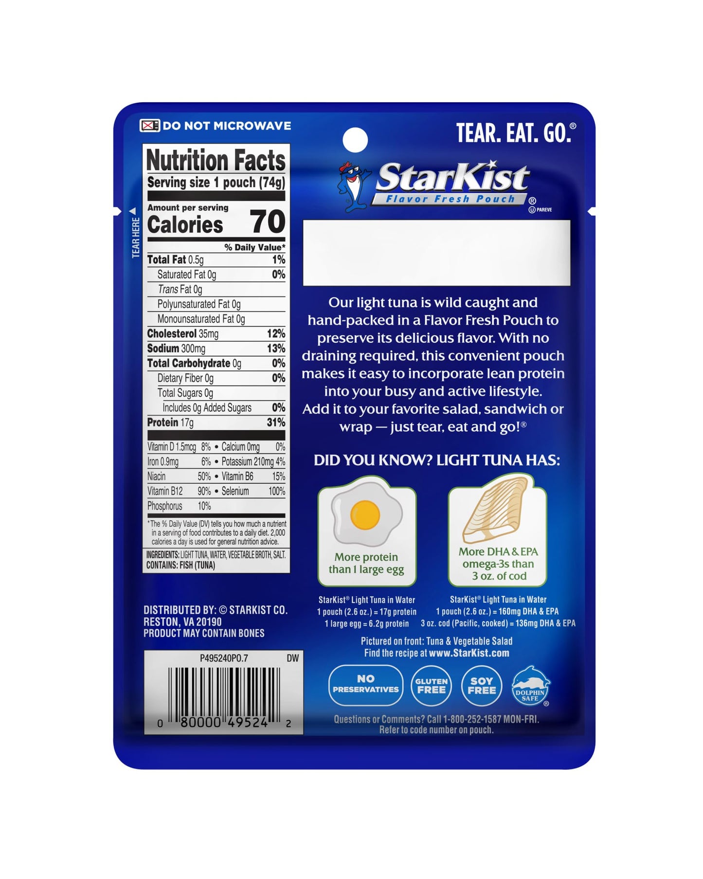 StarKist Chunk Light Tuna in Water, 2.6 oz Pouch (24 Pack) Ready to Eat Wild Caught Tuna, 17g Protein, 70 Calories Per Serving,