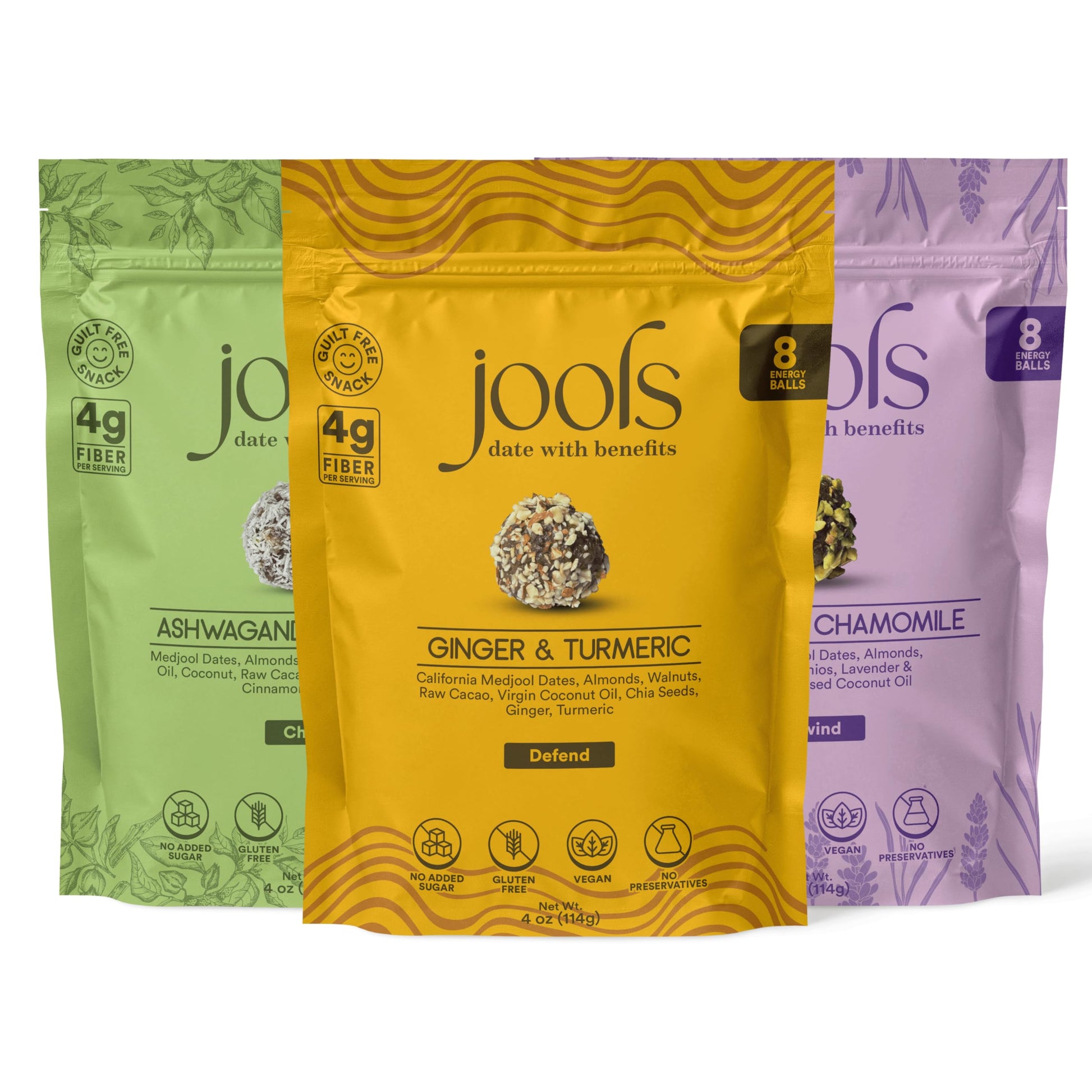 Jools Medjool Date Snack Bites Variety Pack - Ashwagandha & Maca, Ginger & Turmeric, Chamomile & Lavender - Plant-Based, Gluten-