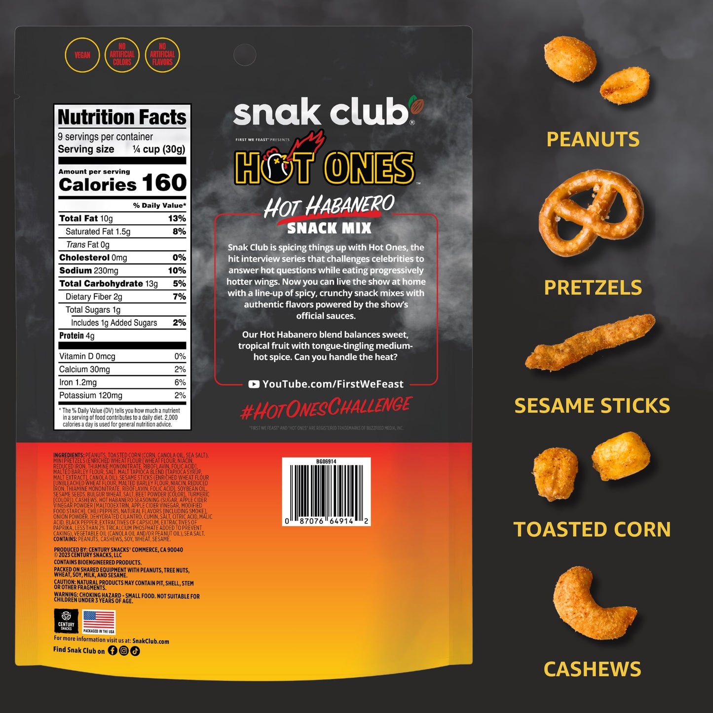 Snak Club x Hot Ones Hot Habanero Snack Mix, Spicy Snacks with Peanuts, Pretzels, Sesame Sticks, Toasted Corn & Cashews, Inspire