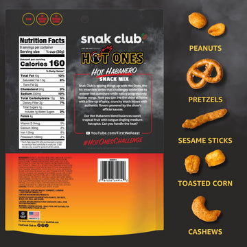 Snak Club x Hot Ones Hot Habanero Snack Mix, Spicy Snacks with Peanuts, Pretzels, Sesame Sticks, Toasted Corn & Cashews, Inspire