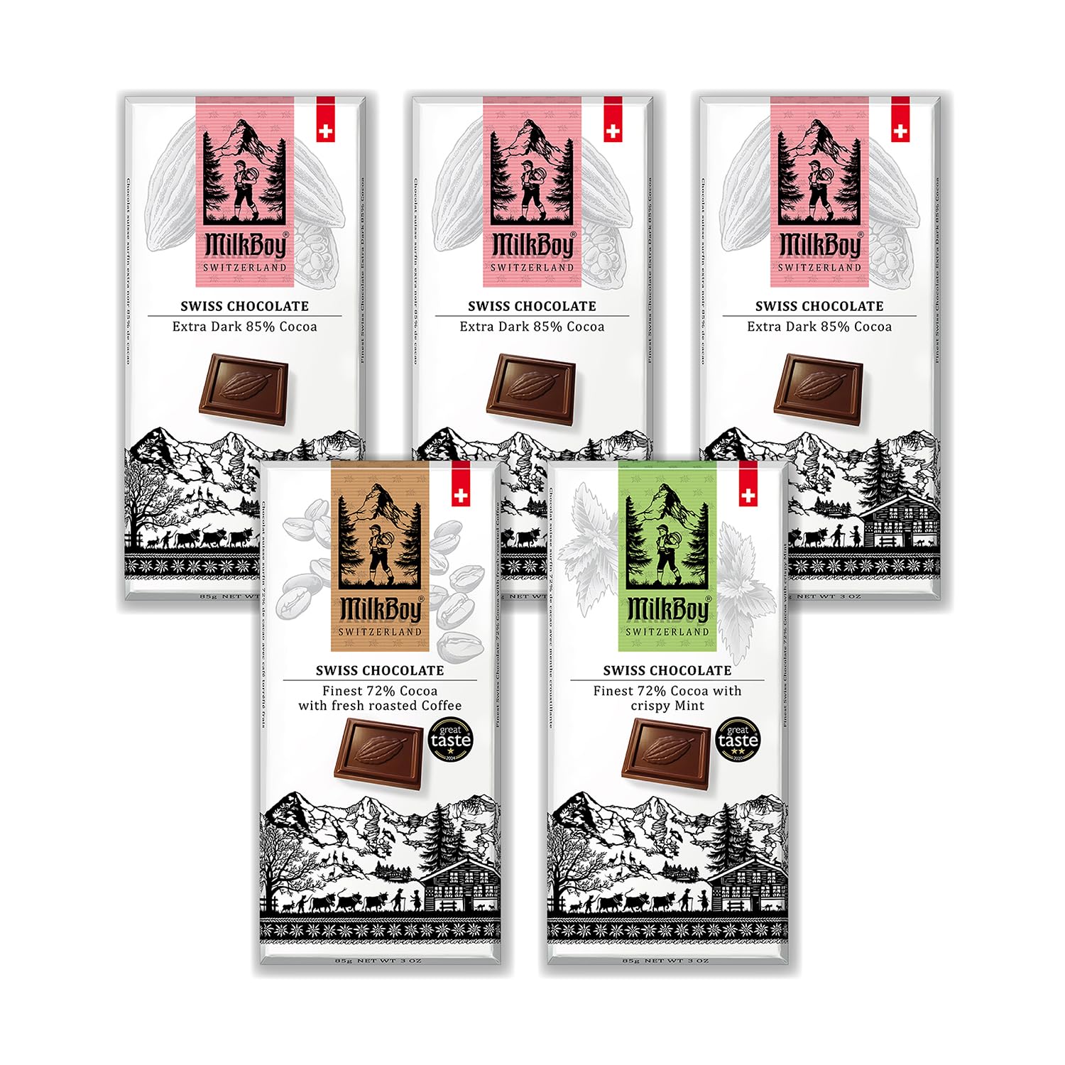 Milkboy Swiss 85% Dark Chocolates Variety Pack - Chocolate Bars - Crafted In Switzerland - All Natural  Sustainably Farmed Cocoa - Gluten & Gmo Free  Vegan - 3 Oz (Pack Of 5)