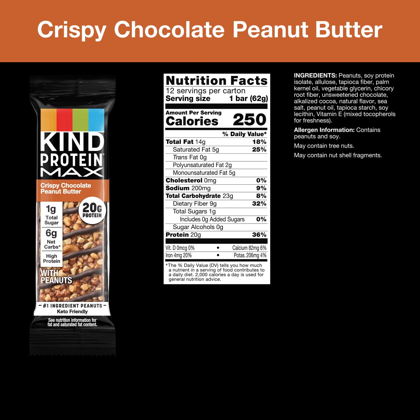 KIND Protein MAX Crispy Chocolate Peanut Butter Snack Bars, 20g of Protein, Keto Friendly, 1g of Sugar Per Bar, Gluten Free, 12