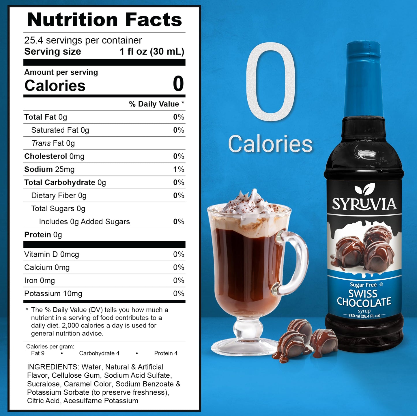 Syruvia Sugar-Free Swiss Chocolate Coffee Syrup - 25.4 fl oz. Premium Coffee Flavoring Syrup. 0 Calories, Kosher, and Gluten-Fre