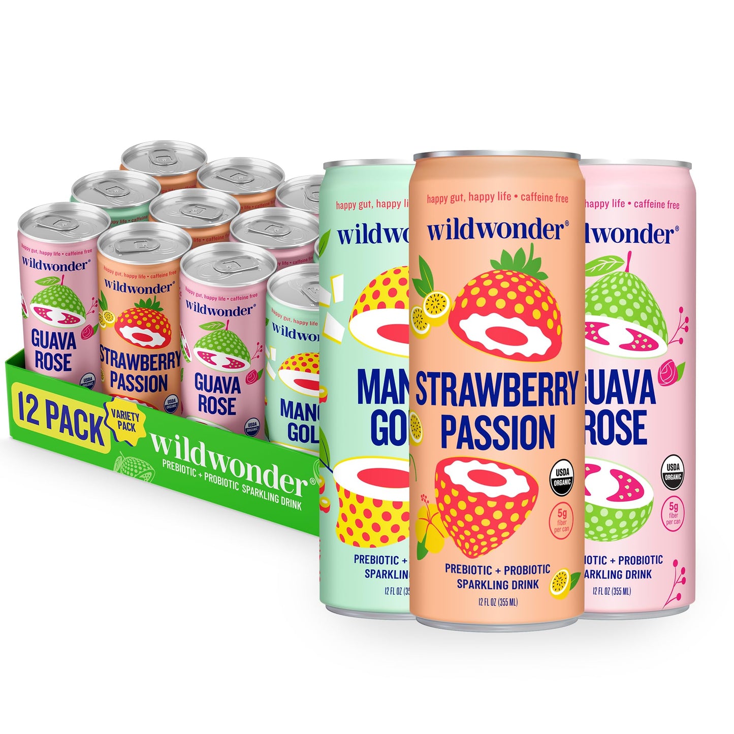 Wildwonder Sparkling Probiotic Juice Drink, Tropical Vibes Variety Pack, 12pk 12oz, Organic, Vegan, Low Sugar, Caffeine Free