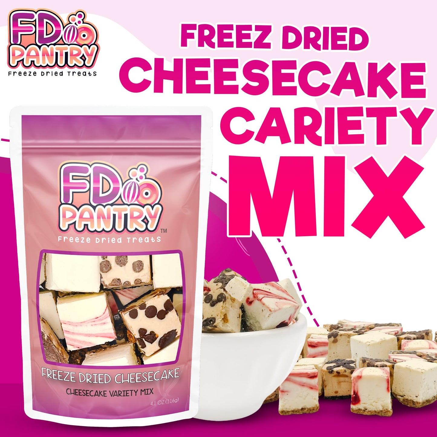 Freeze Dried Cheesecake New York Style, Caramel Chocolate Chip And Strawberry Swirl Crunchy Treat Resealable Bag 4.1 Oz Cheese C