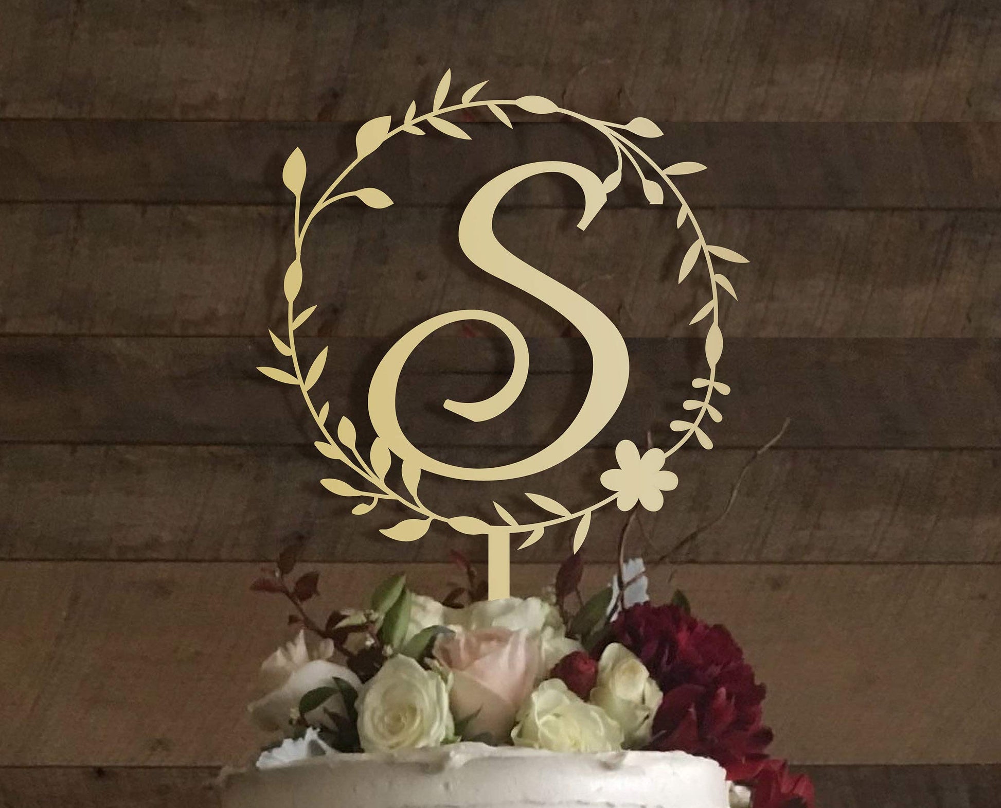 Kiskistonite Initials S Cake Topper, Monogram Cake Topper S, Rustic Wedding Cake Topper, Wreath Letter S Cake Topper, Mirror Gol
