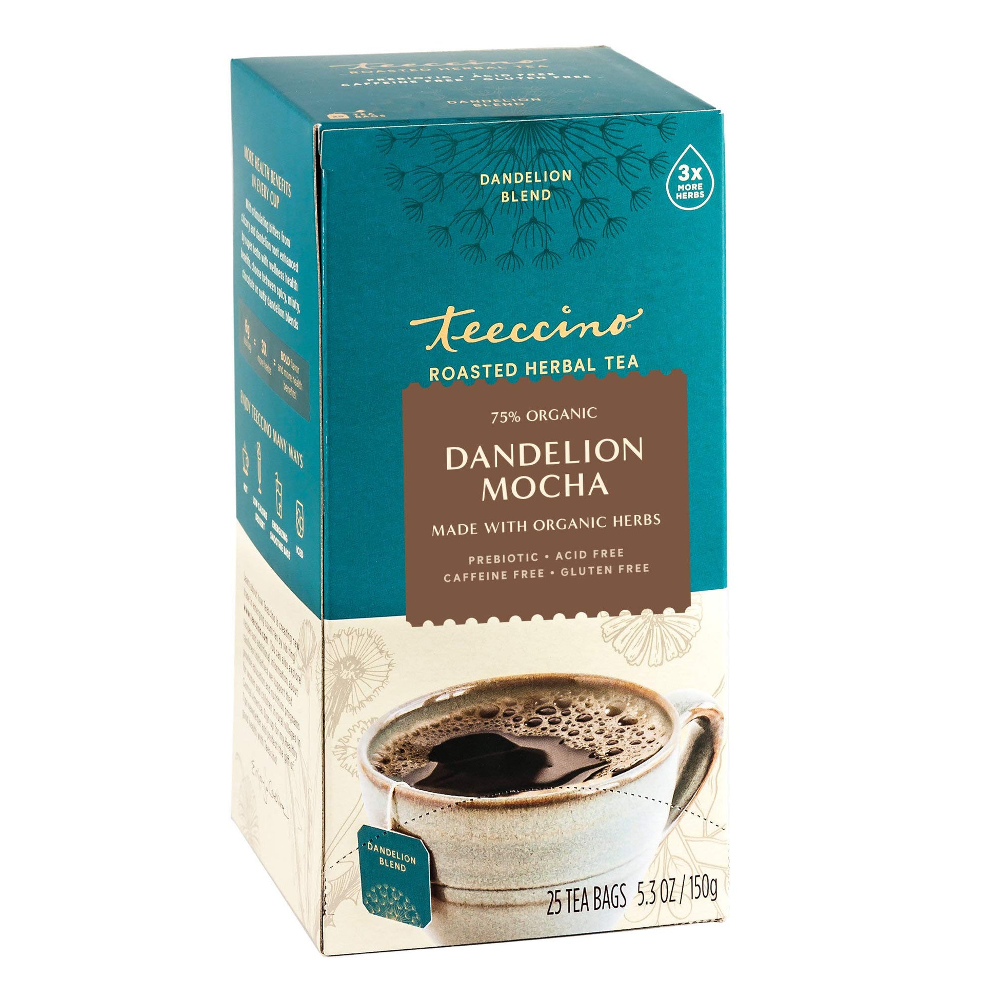 Teeccino Dandelion Mocha Herbal Tea - Caffeine Free, Prebiotic - 25 Count