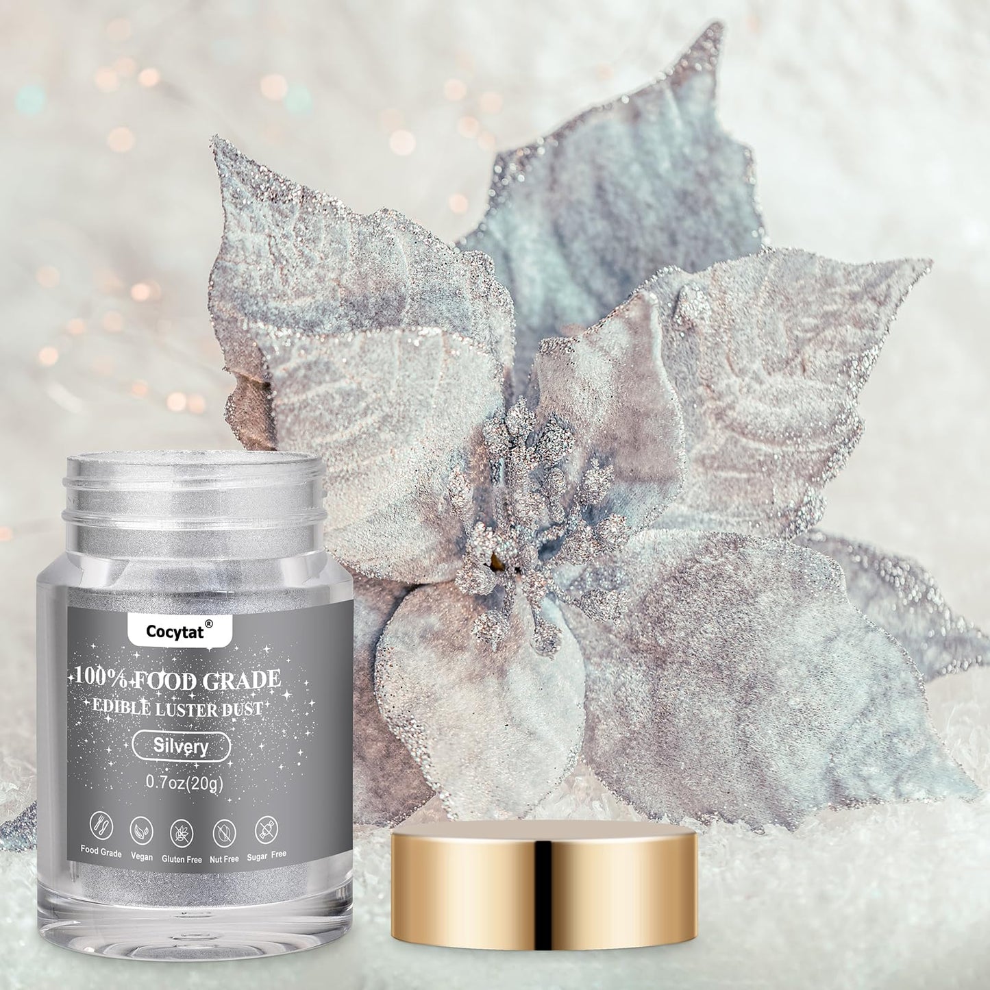 Cocytat Silver Edible Glitter Luster Dust 20g Food Grade for Baking & Decoration