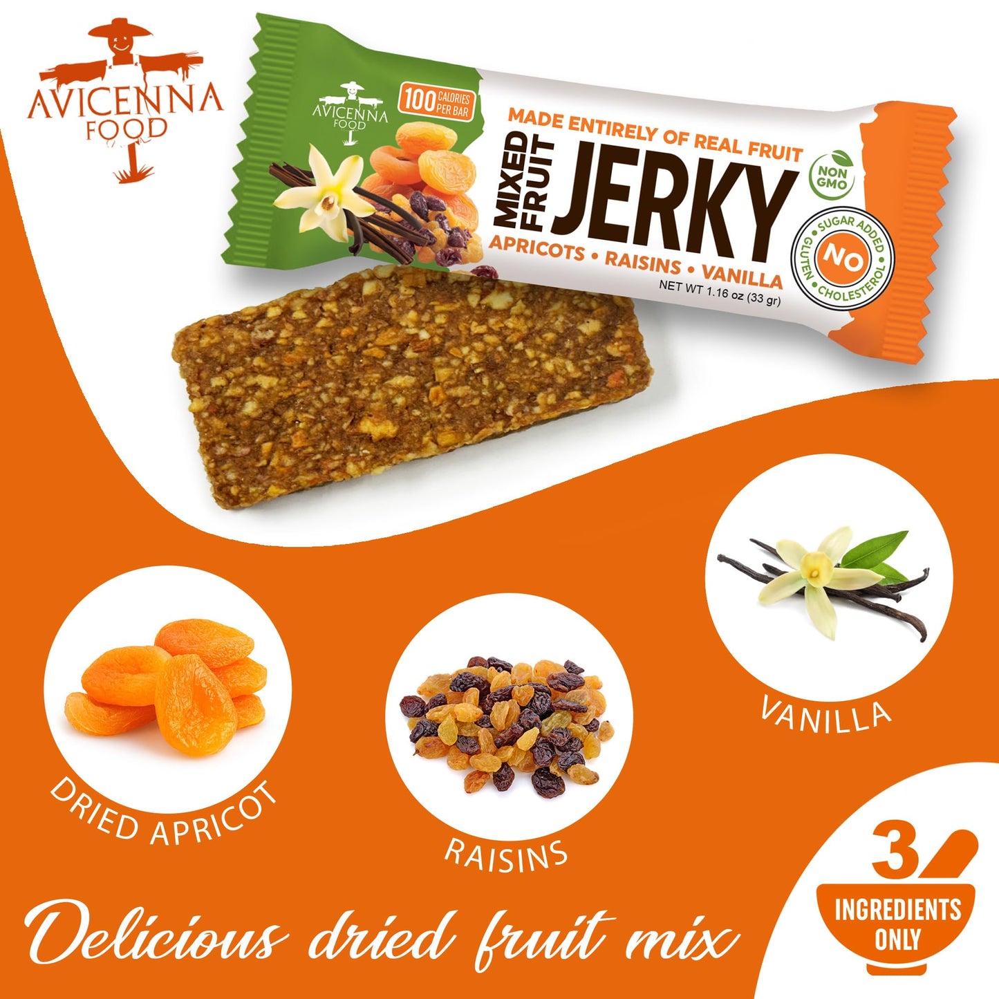 AVICENNA FOOD Natural Fruit Bar, Apricot Raisin Vanilla, No Added Sugar, Gluten Free, High Fiber, 12 Pack