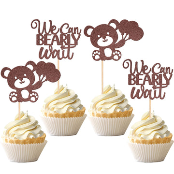 24 Pcs We Can Bearly Wait Cupcake Toppers Glitter Balloon Bear Cupcake Picks Baby Shower Cake Decorations For Gender Reveal Them