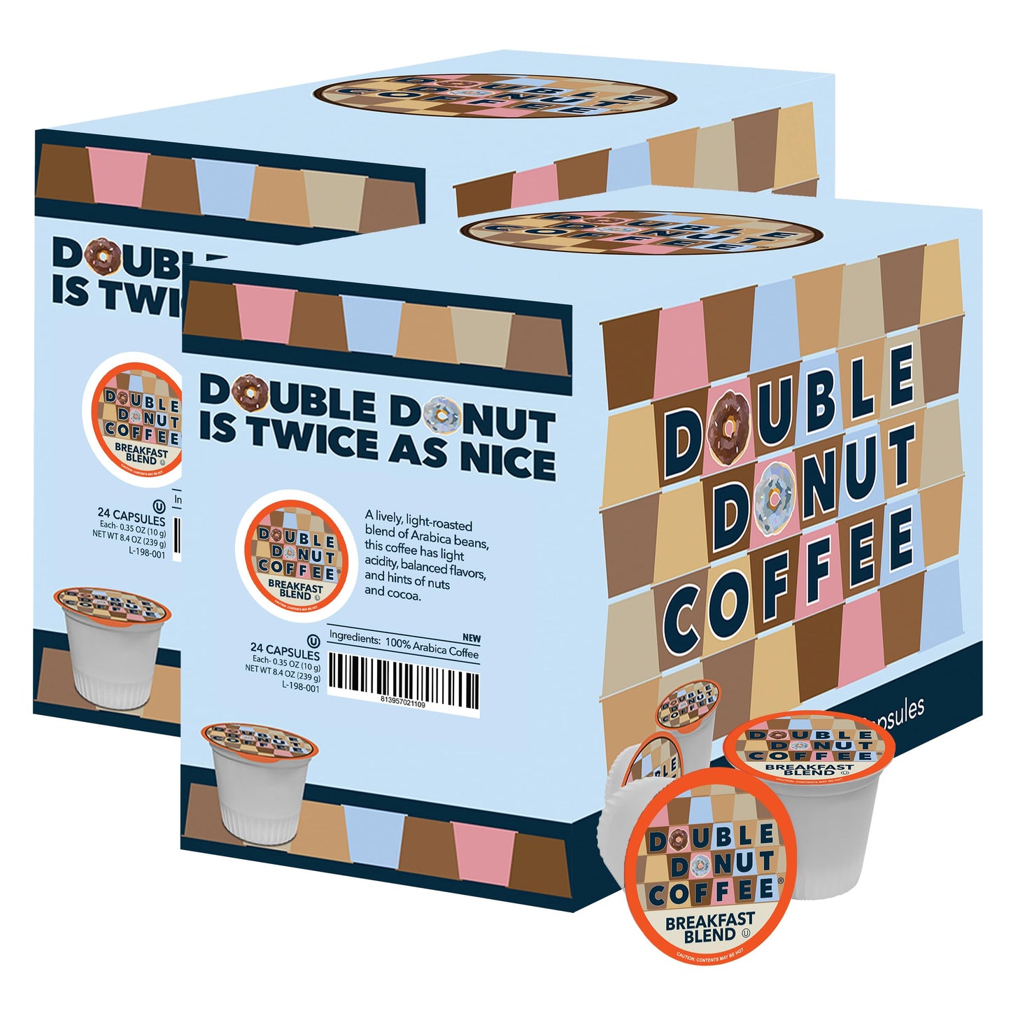 Double Donut Coffee Breakfast Blend Coffee Pods, Light Roast, 48 Count, Recyclable for Keurig K Cups