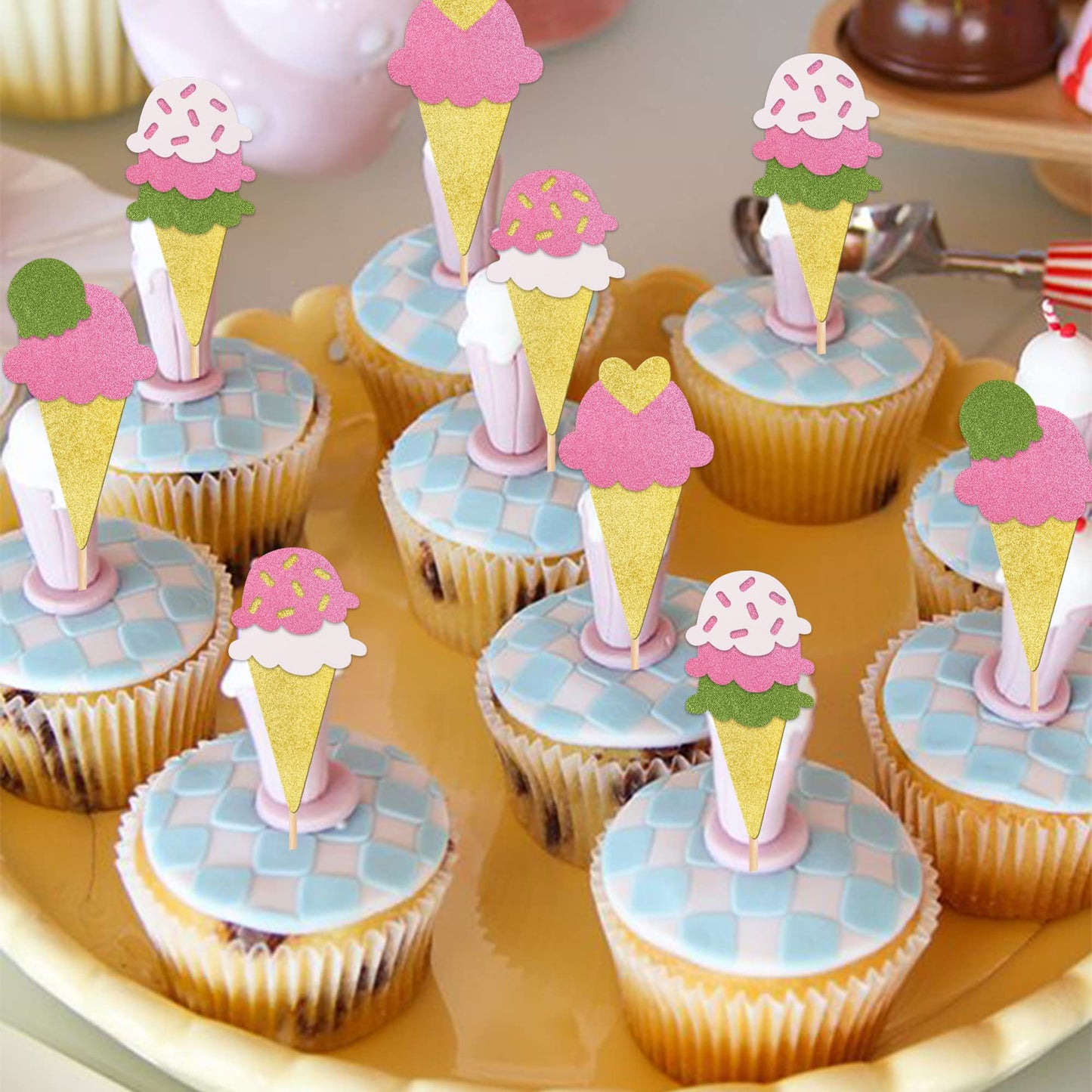 24 Pcs Ice Cream Cupcake Toppers Assembled Glitter Paper Ice Cream Luau Cupcake Picks For Summer Hawaii Theme Baby Shower Weddin