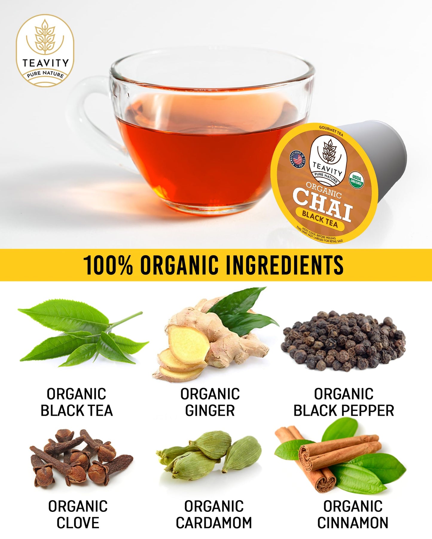 Teavity Organic Chai Black Tea Pods for Keurig, Naturally Caffeinated, 36 Count